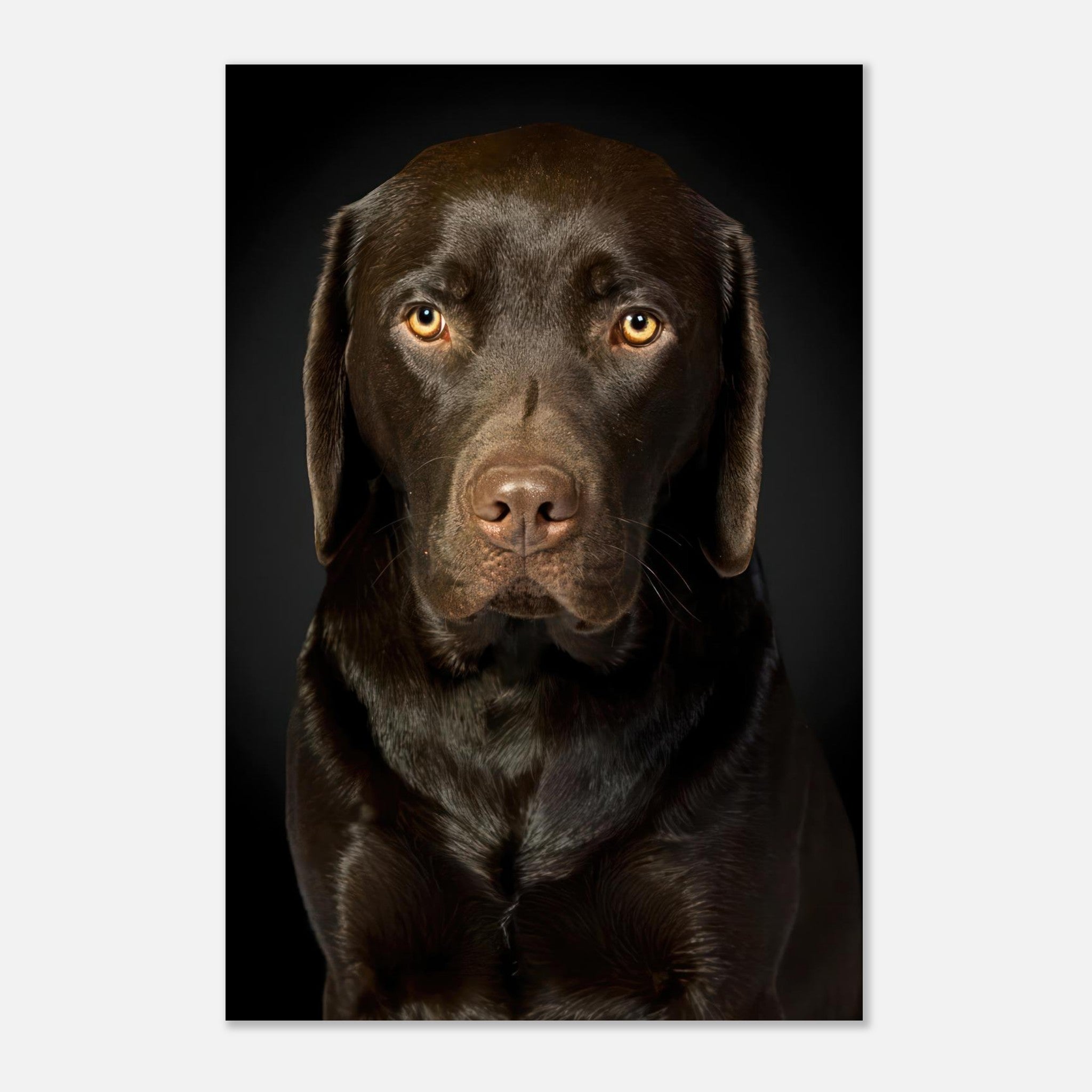Chocolate Labrador portrait metal print featuring a close-up of a brown dog with amber eyes against a dark background.