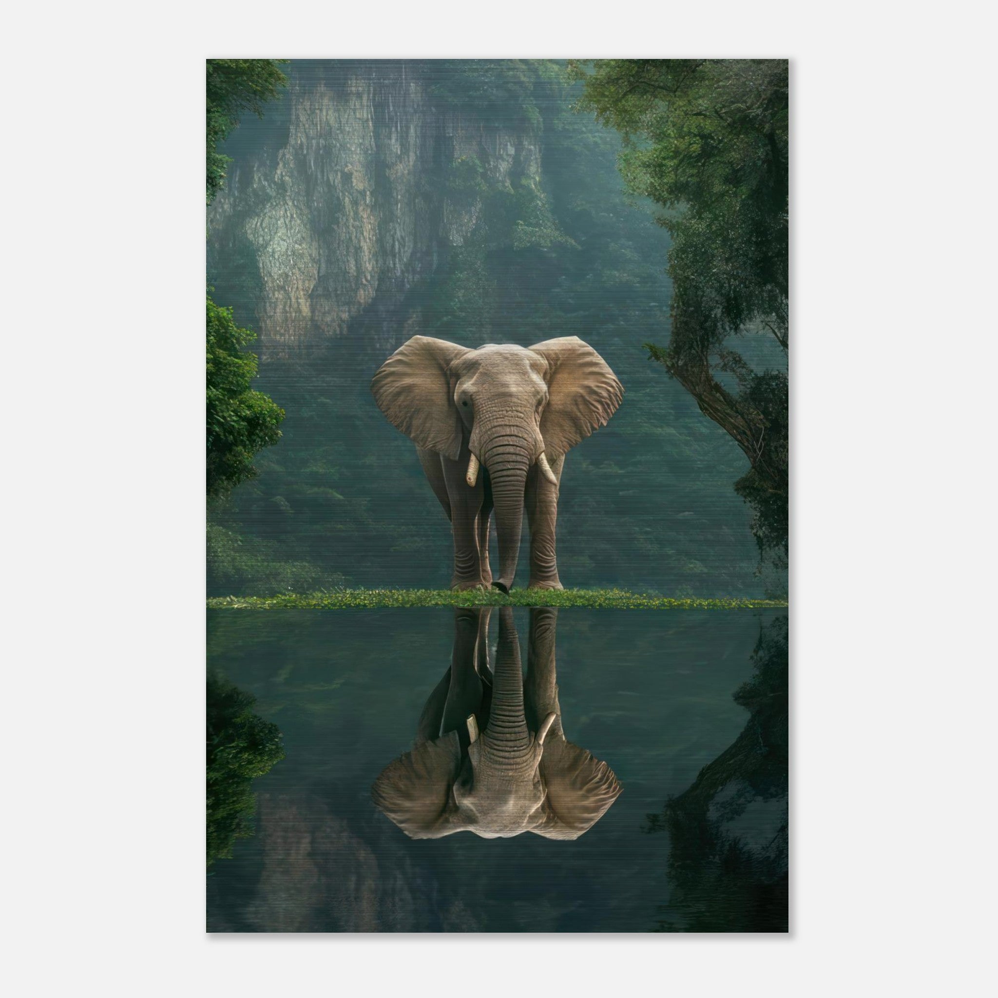 Brushed metal print of a majestic elephant in serene surroundings with a reflective surface.