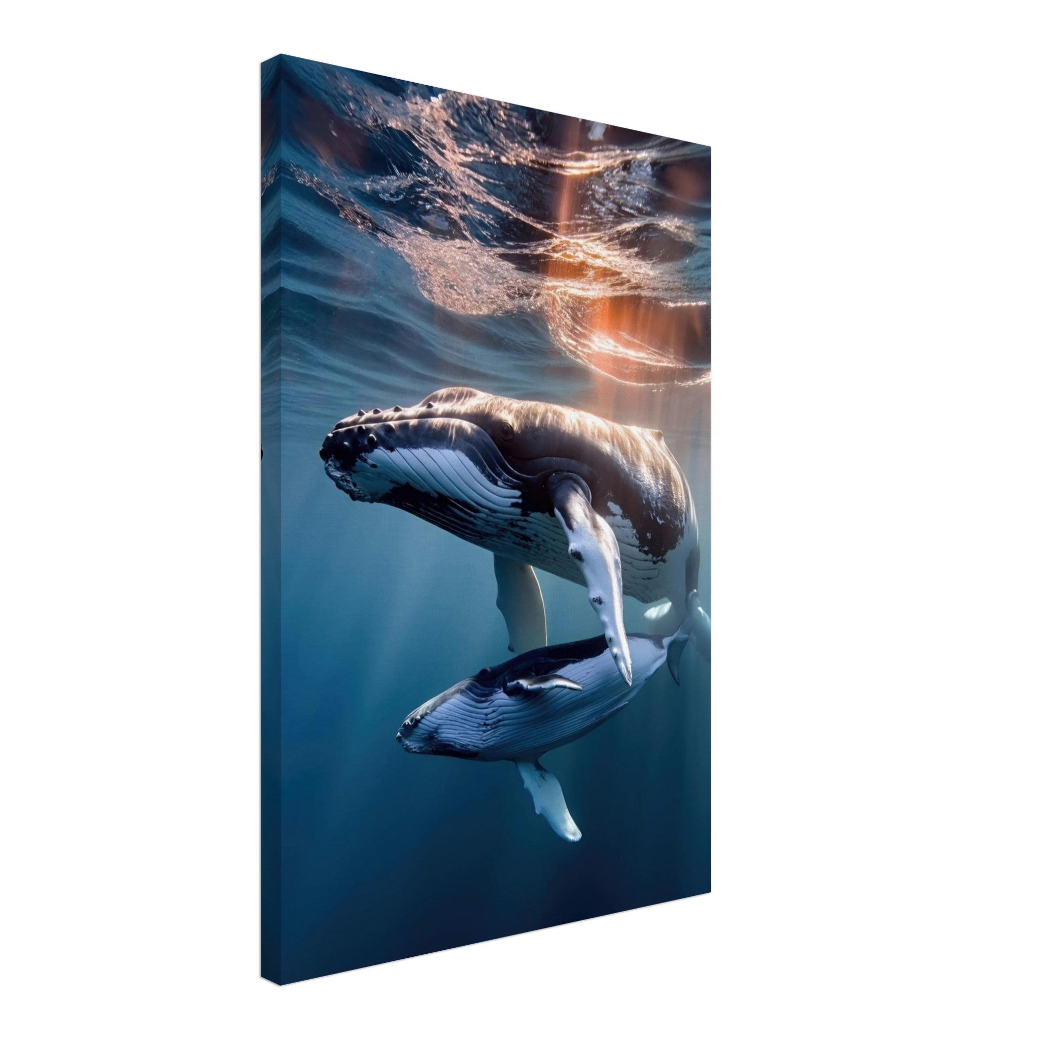 Underwater photography canvas print of a mother humpback whale and her calf in serene ocean waters.