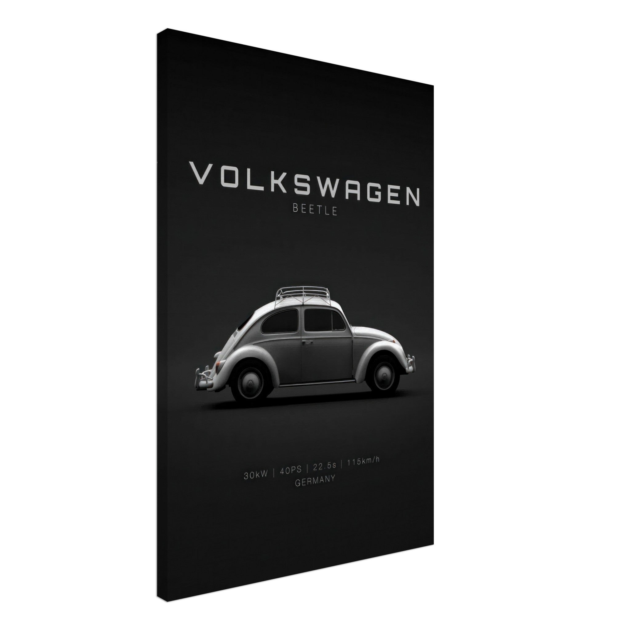 Volkswagen Beetle canvas art featuring a classic car silhouette on a sleek black background.