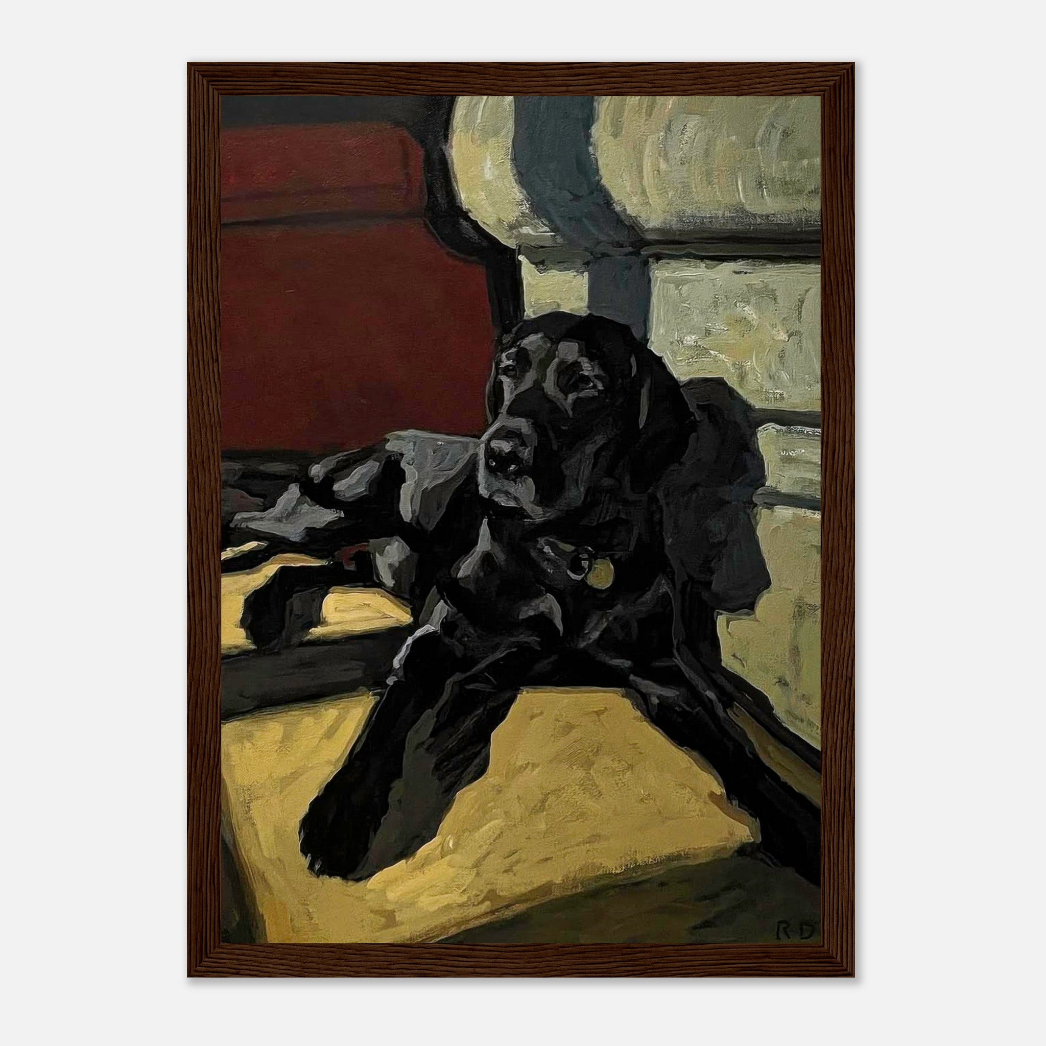 Framed print of a black Labrador dog lounging in a cozy setting, showcasing rich earthy tones and expressive brushstrokes.