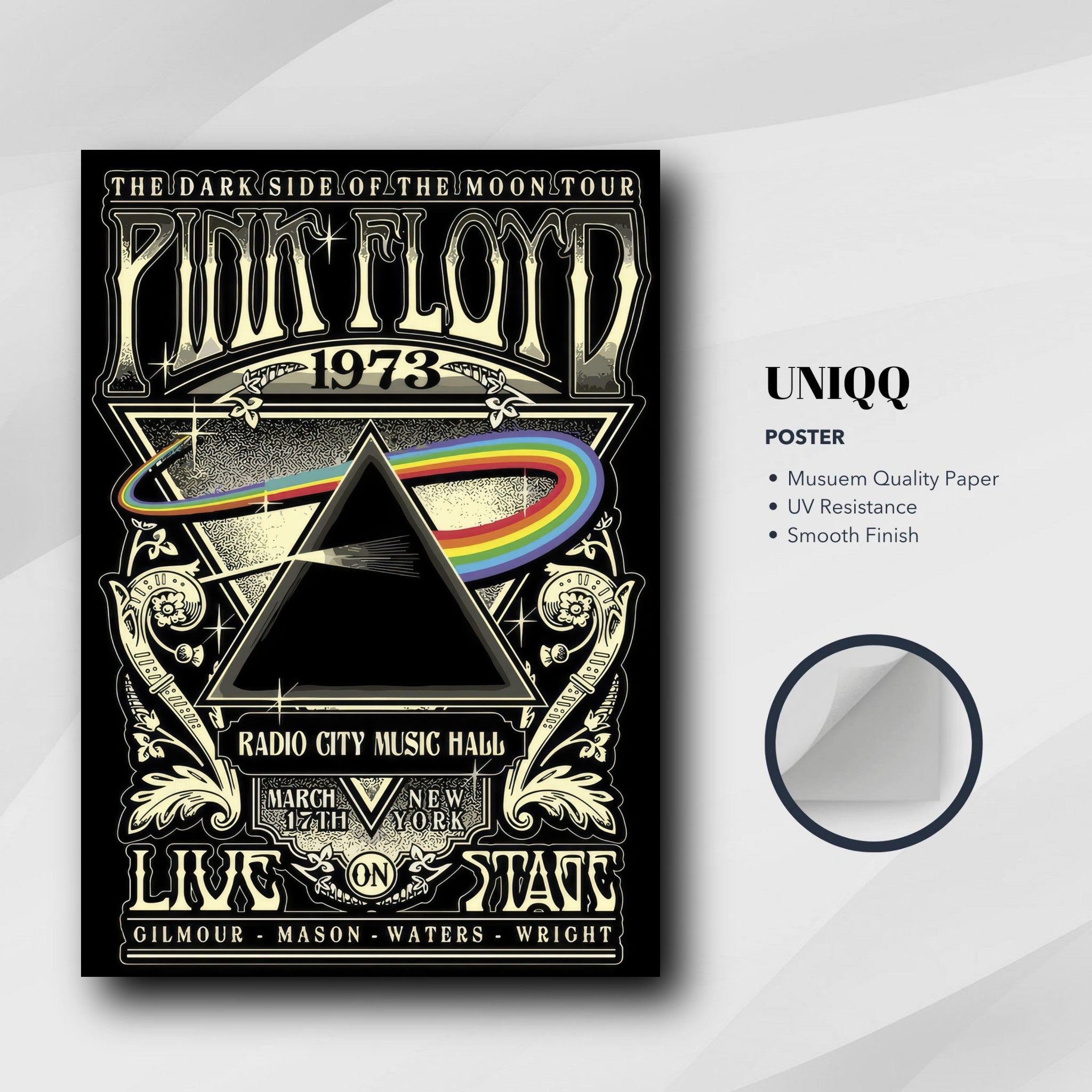 Pink Floyd 1973 The Dark Side of the Moon poster featuring iconic prism design and vibrant rainbow colors.