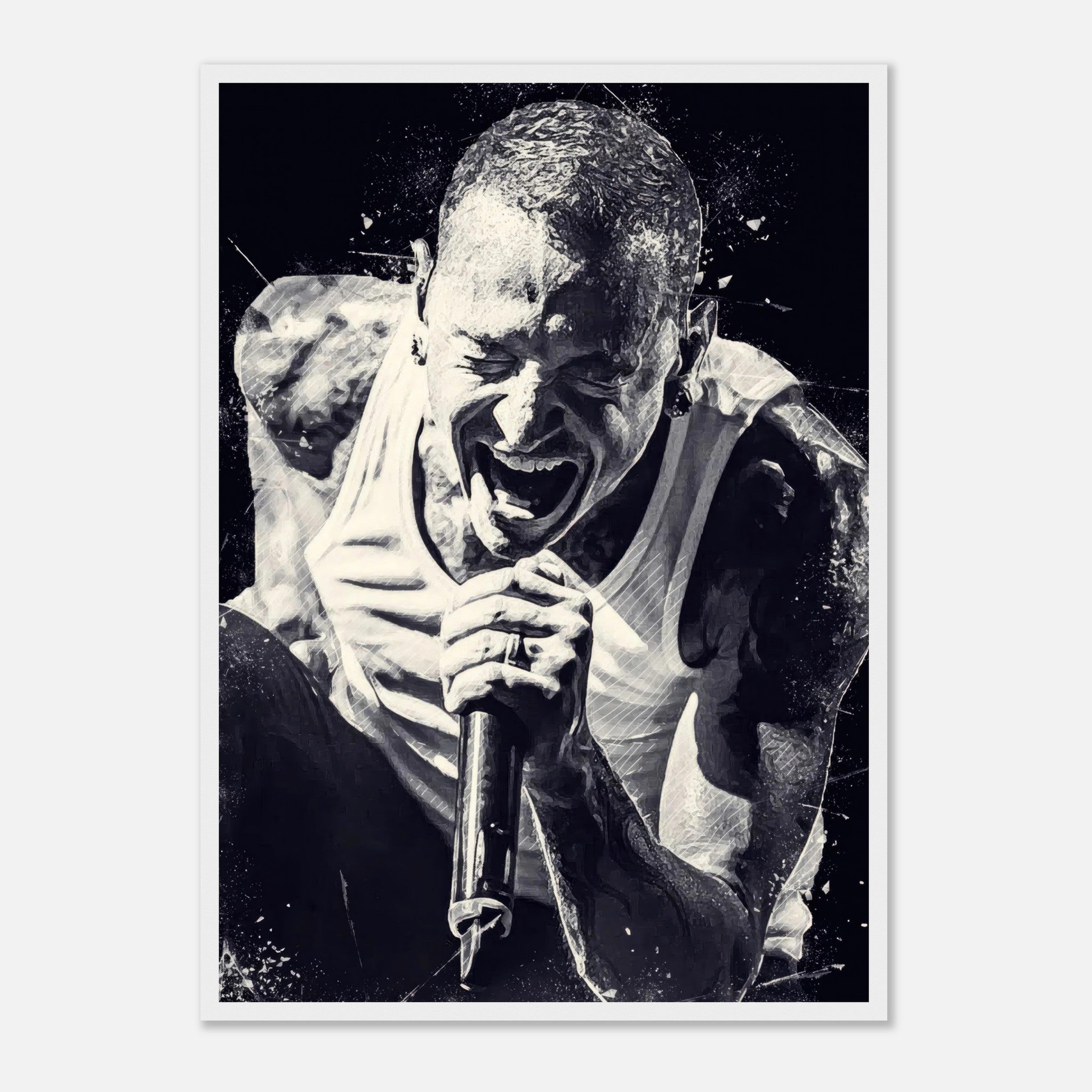 Chester Bennington framed print poster featuring a powerful black-and-white image of his intense stage presence.