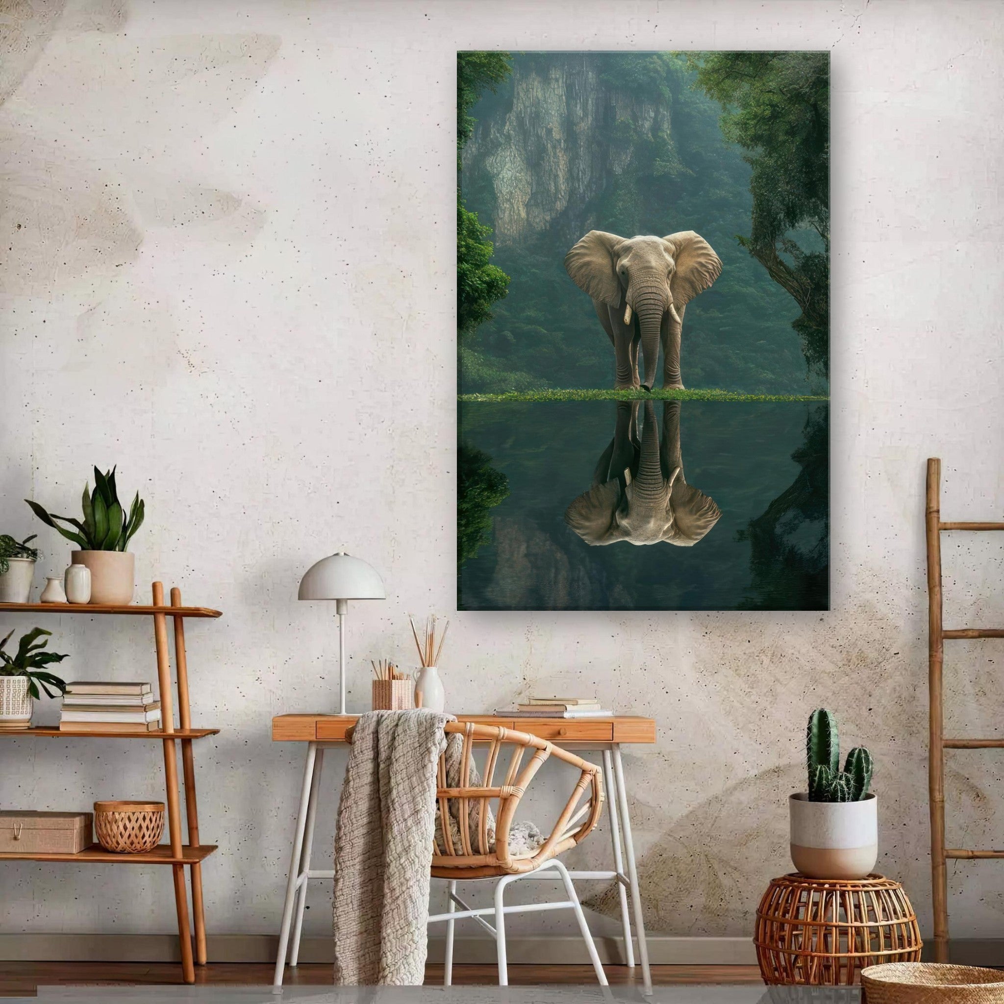 Jungle Elephant Portrait Canvas Print showcasing an elephant by a serene reflective pool in a lush jungle setting.