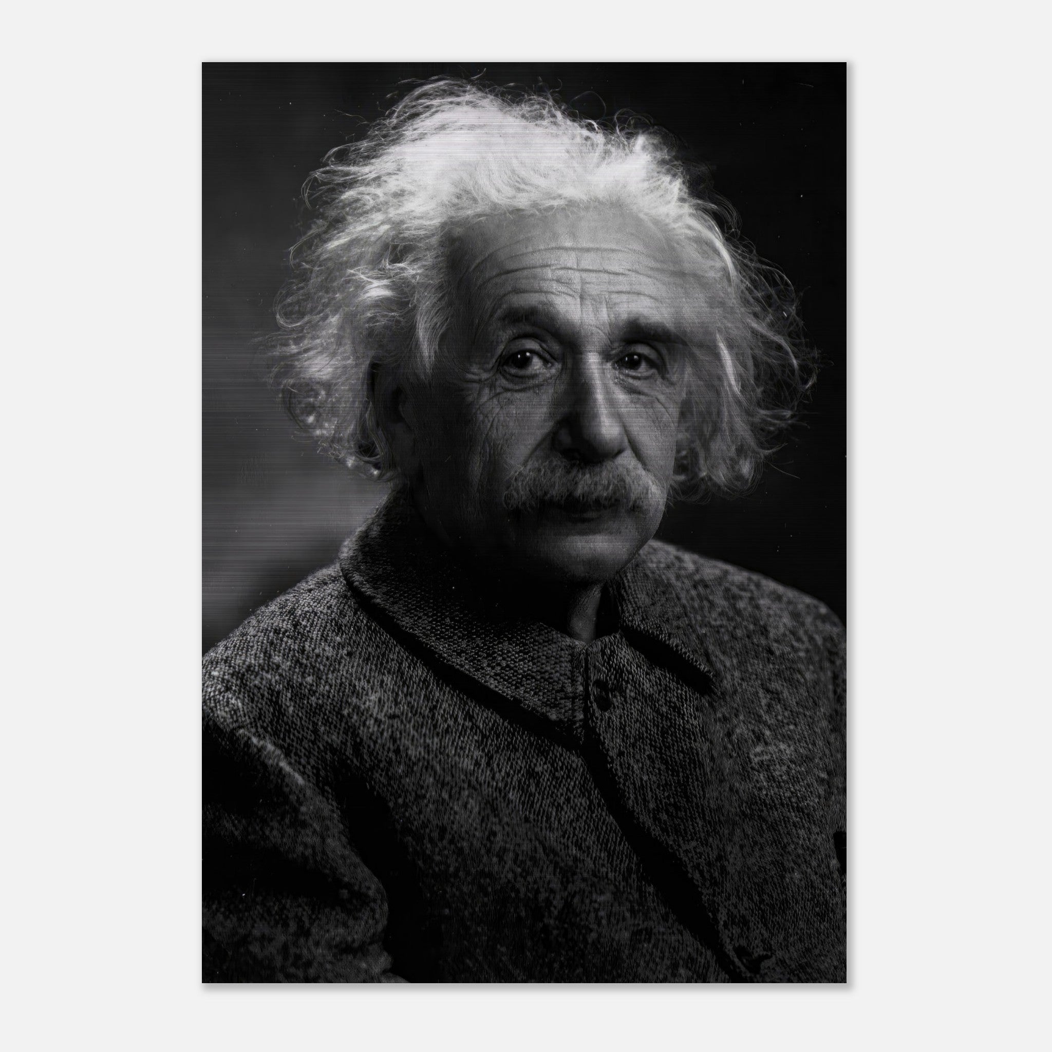 Black-and-white portrait of Albert Einstein on brushed metal, capturing his thoughtful gaze and brilliance.