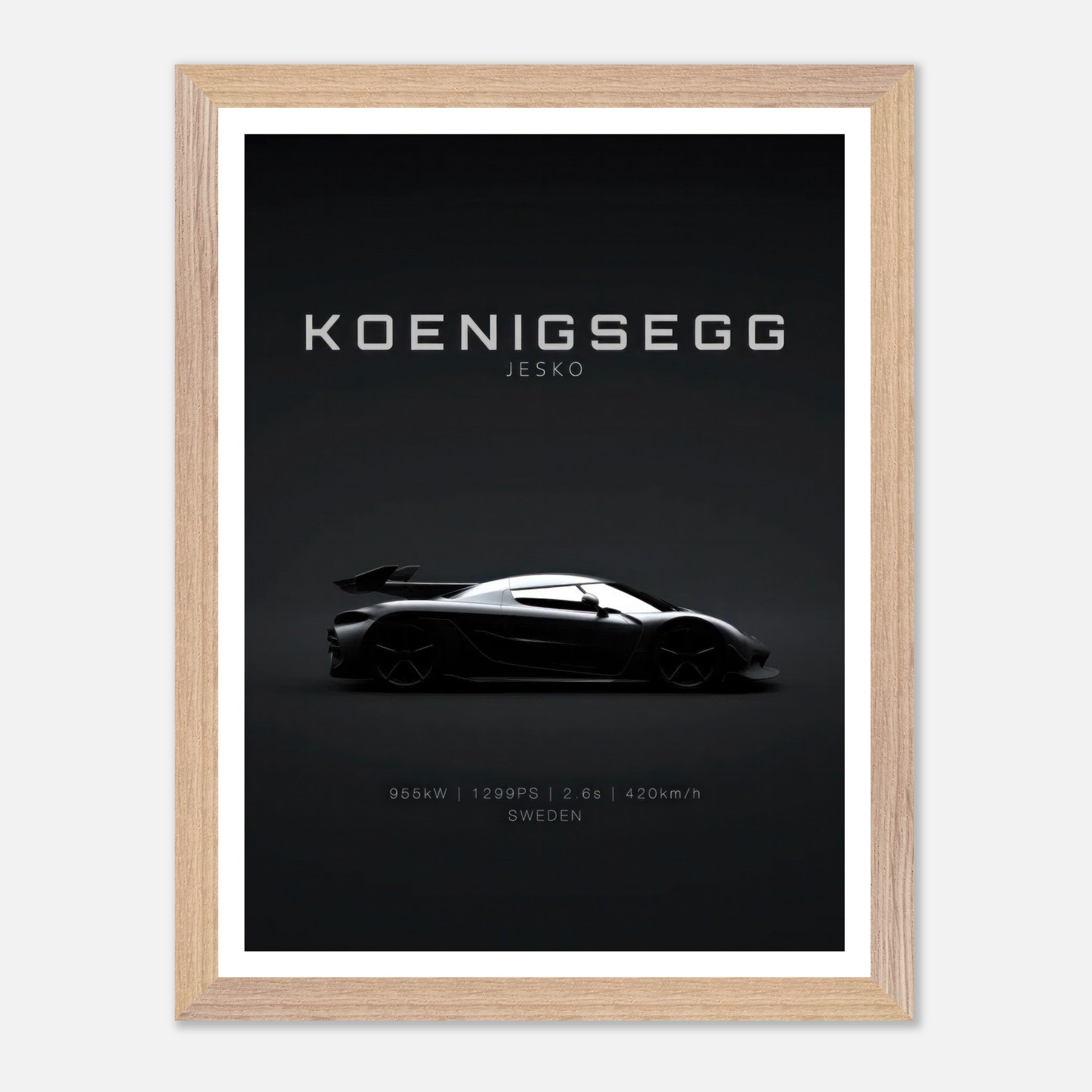 Koenigsegg Jesko vintage framed art showcasing sleek hypercar silhouette on a minimalist black background.