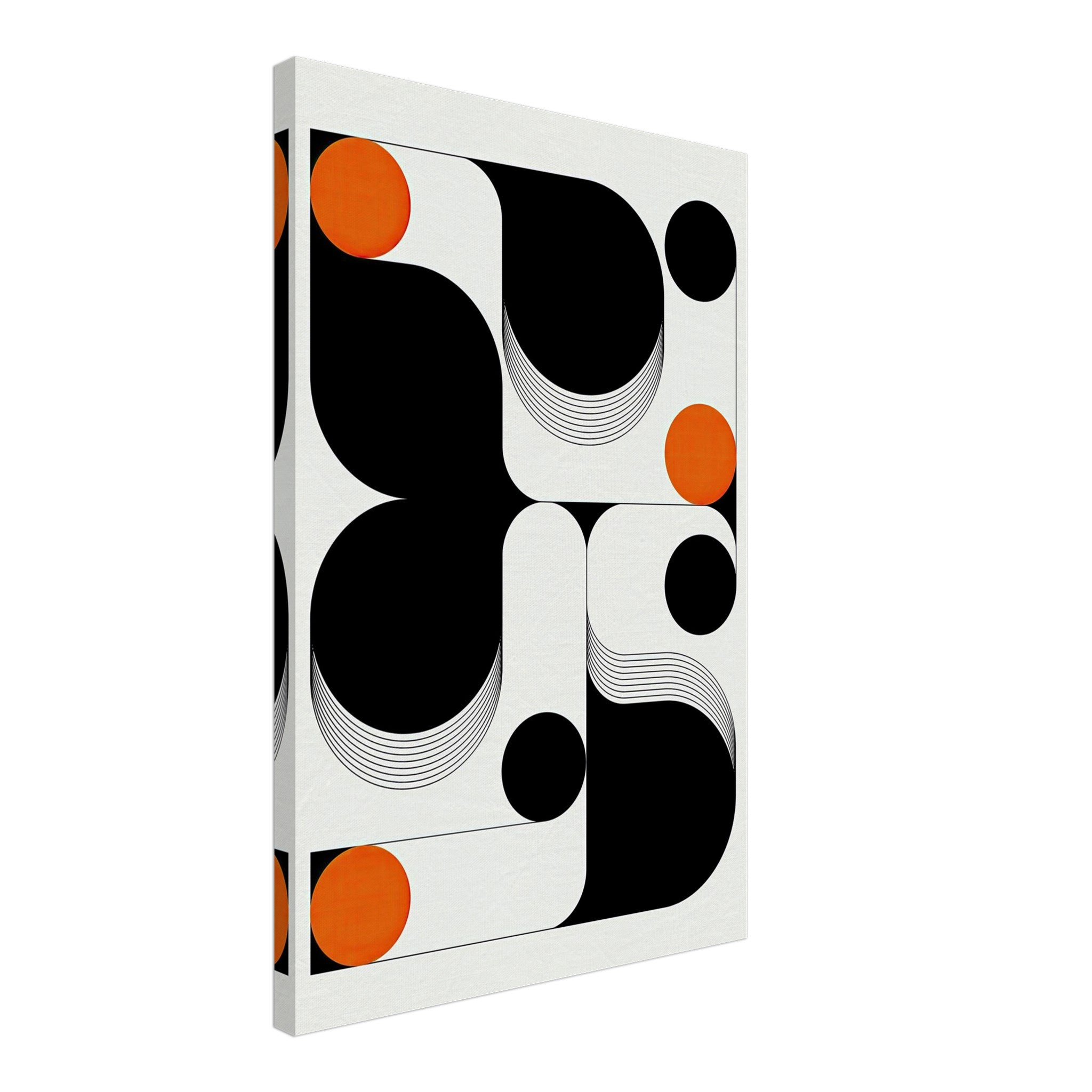 Modern geometric abstract canvas print with bold black curves and vibrant orange accents.