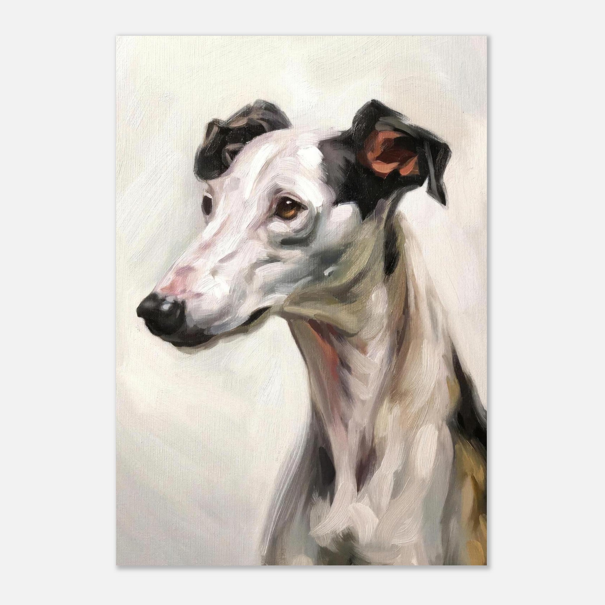 Greyhound dog painting poster showcasing detailed portrait, highlighting elegance and grace of this gentle breed.