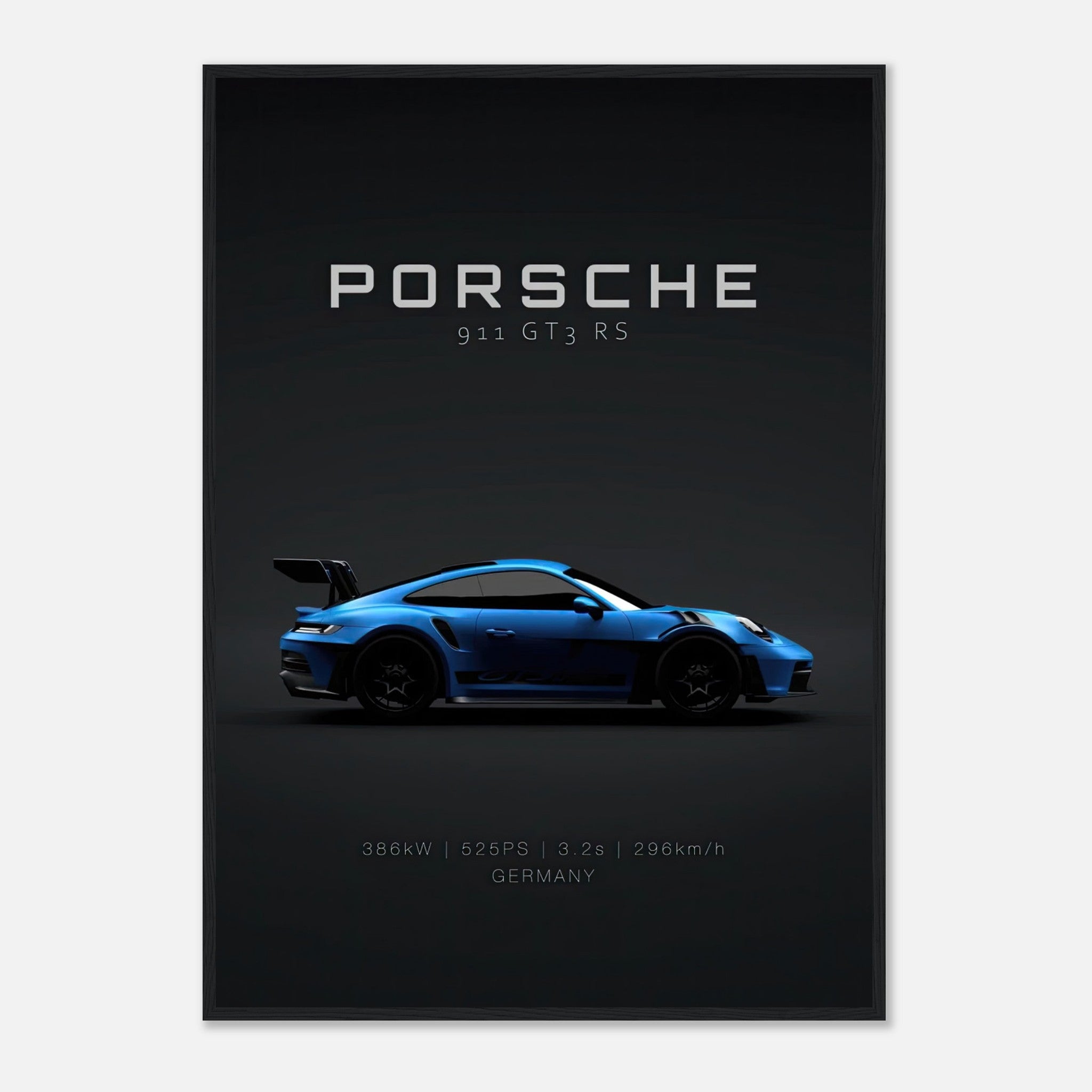 Framed poster of Porsche 911 GT3 RS showcasing its sleek design and performance stats.
