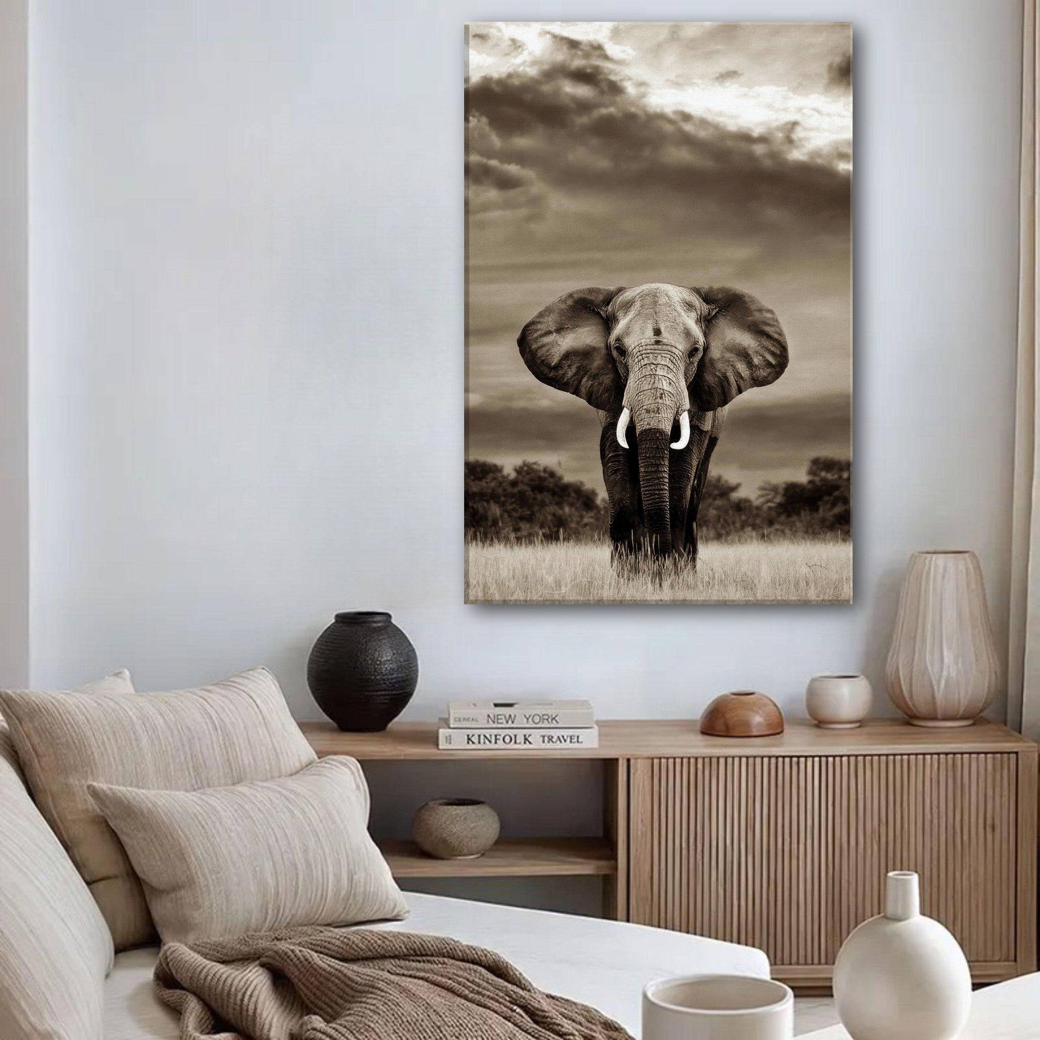 Elephant portrait canvas print showcasing a majestic elephant in black and white, enhancing home decor.
