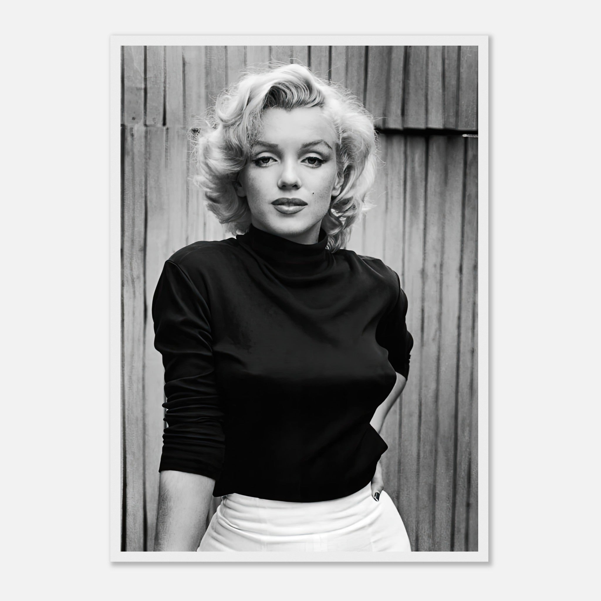 Marilyn Monroe portrait framed print showcasing her iconic beauty in black and white against a vintage backdrop.