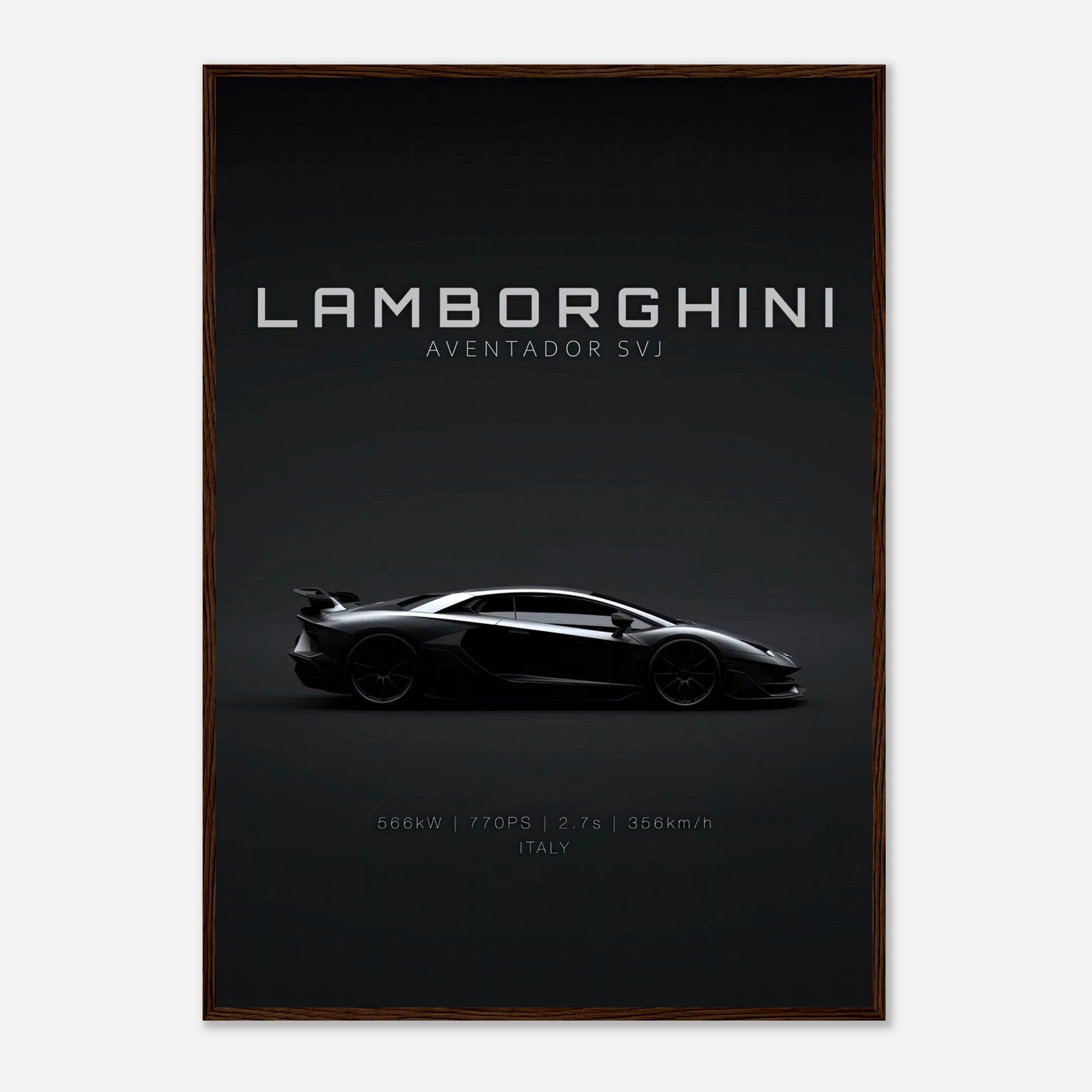 Lamborghini Aventador SVJ framed poster showcasing sleek silhouette and specs.