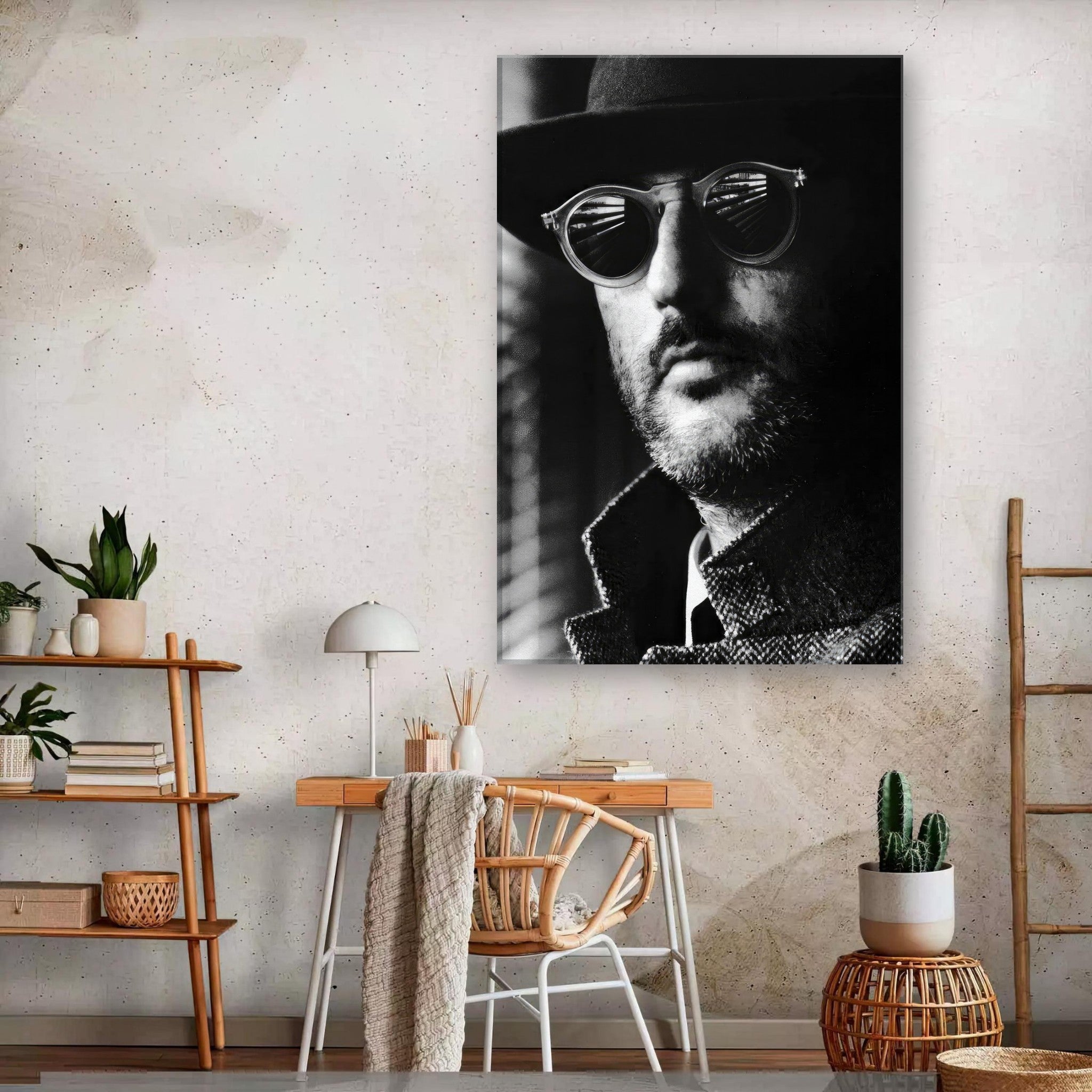 Black-and-white canvas of a man in sunglasses, showcasing artistic elegance and sophistication for home decor.