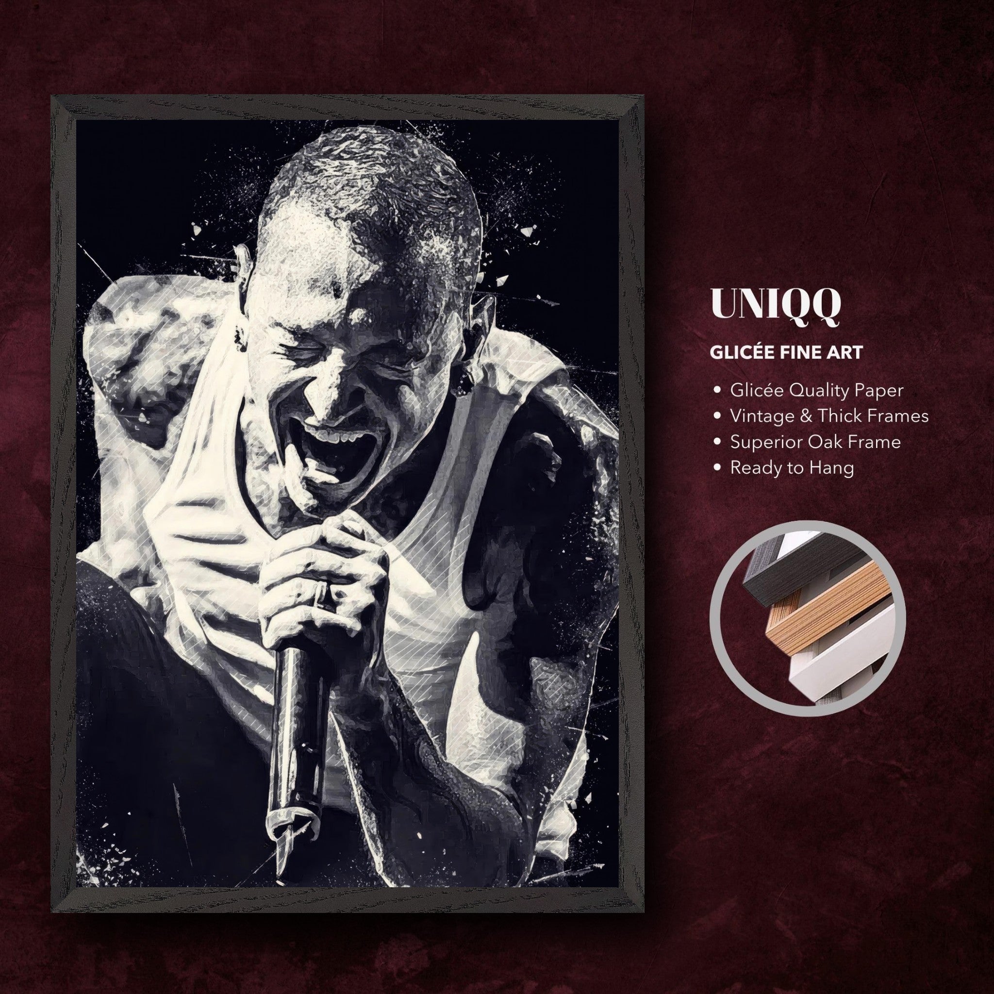 Chester Bennington Giclée fine art print in a vintage oak frame, showcasing the intensity of the Linkin Park frontman.