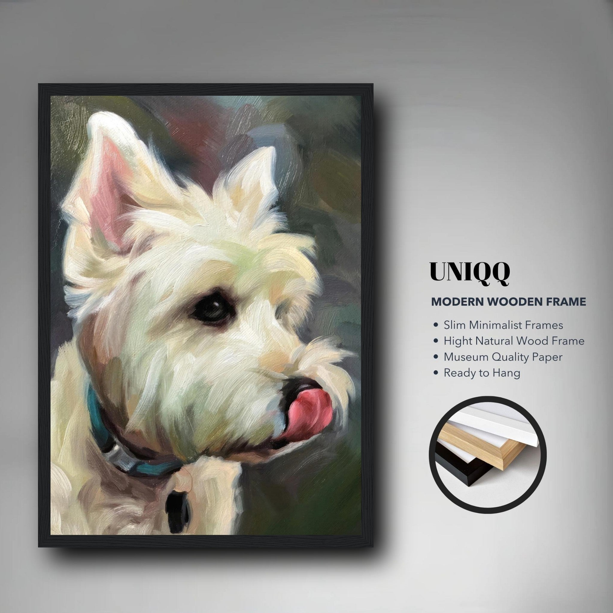 Westie dog painting in a modern wooden frame showcasing vibrant colors and lifelike details.