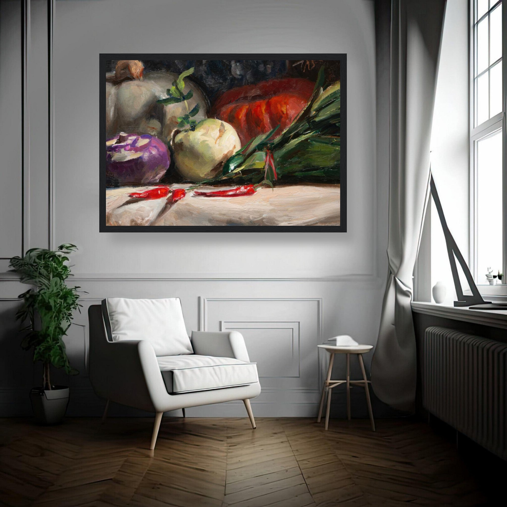 Framed print of kohlrabi, pumpkins, and chilis in a kitchen setting, showcasing vibrant colors and rustic charm.