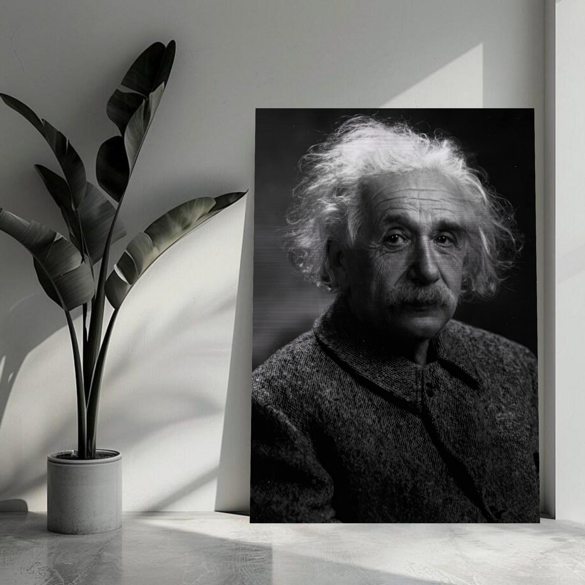 Brushed metal print of Albert Einstein's portrait, featuring a thoughtful gaze in black-and-white, perfect for decor.