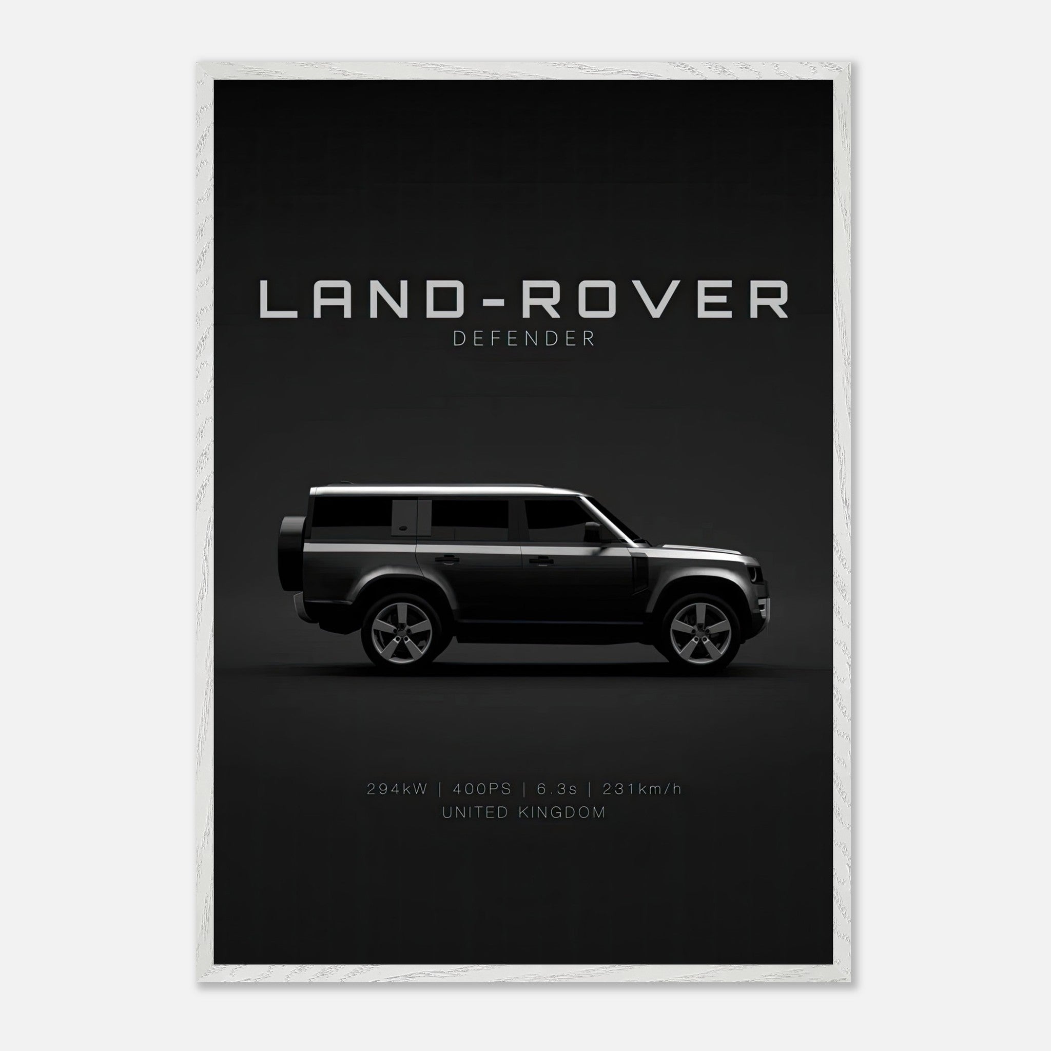 Land Rover Defender vintage framed art showcasing the iconic silhouette on a black background.