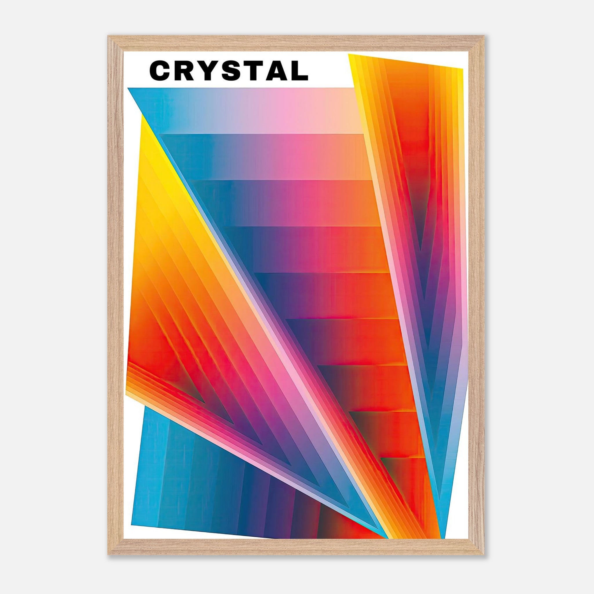 Vibrant Crystal Abstract Art print in vintage frame, showcasing bold geometric patterns and dynamic colors.