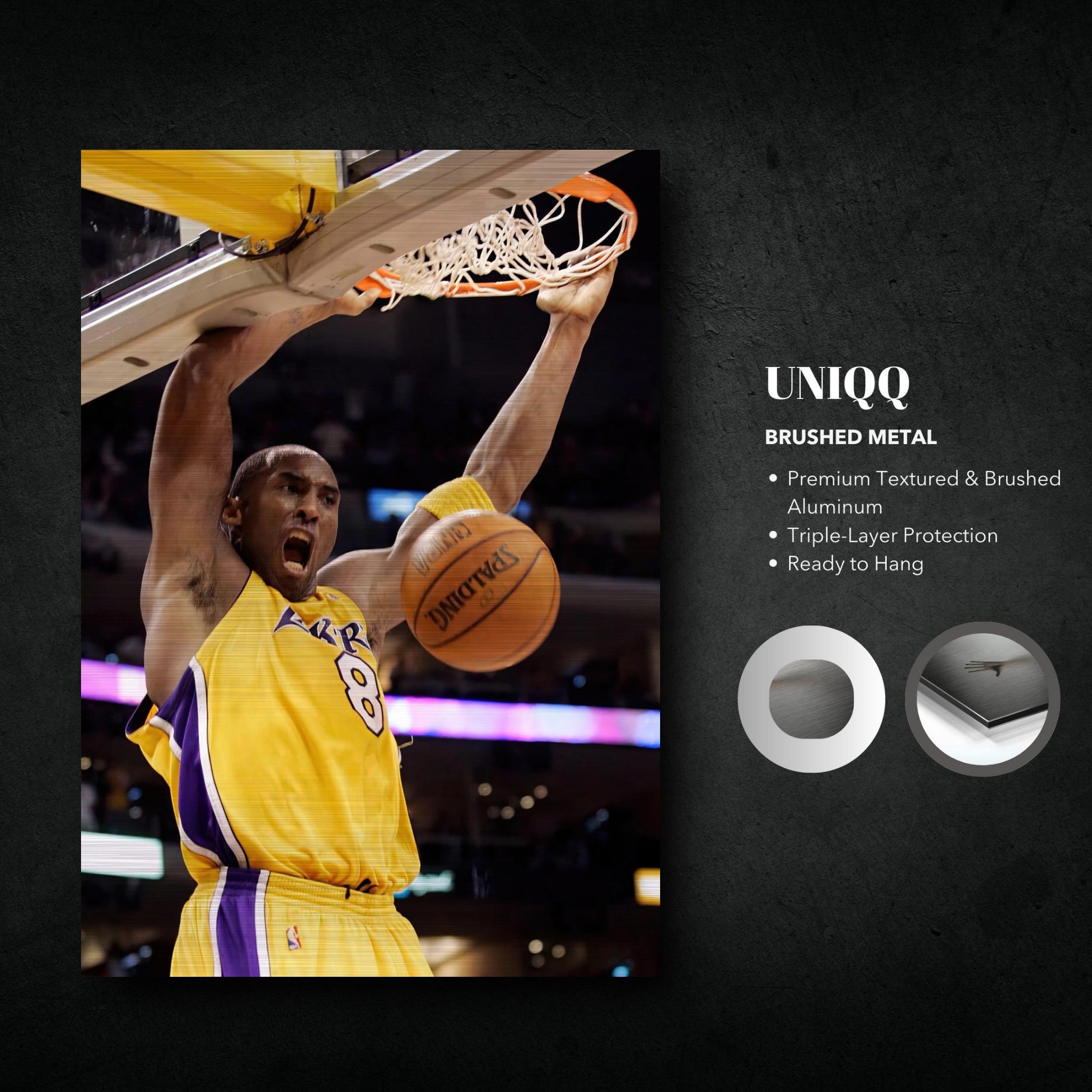 Kobe Bryant's iconic slam dunk printed on brushed metal, showcasing his athleticism and competitive spirit.
