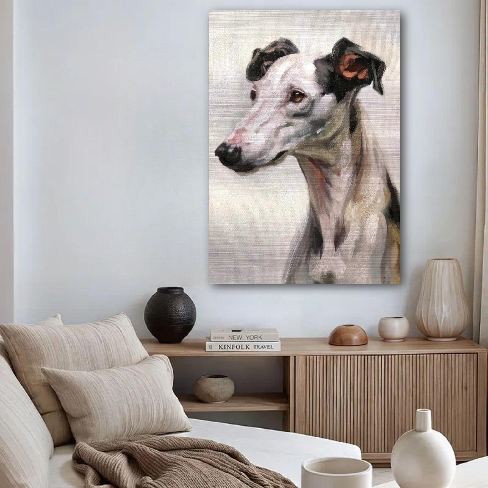 Brushed metal painting of a Greyhound dog, showcasing elegance and grace in modern home decor.