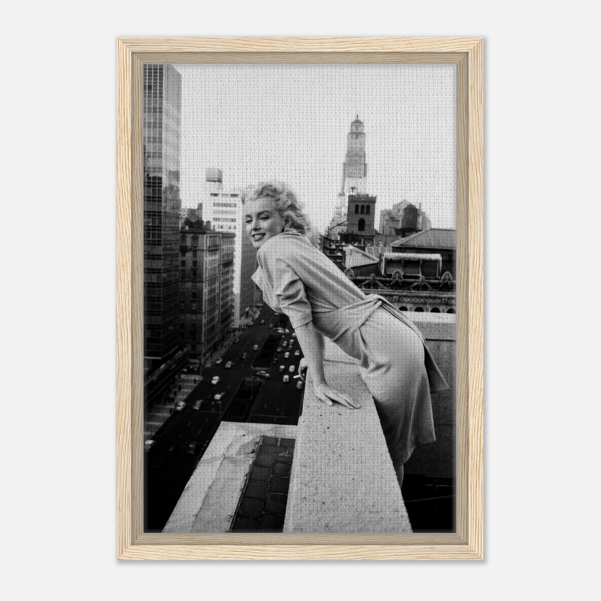 Marilyn Monroe on a rooftop in New York City, captured in black-and-white framed canvas for timeless elegance.