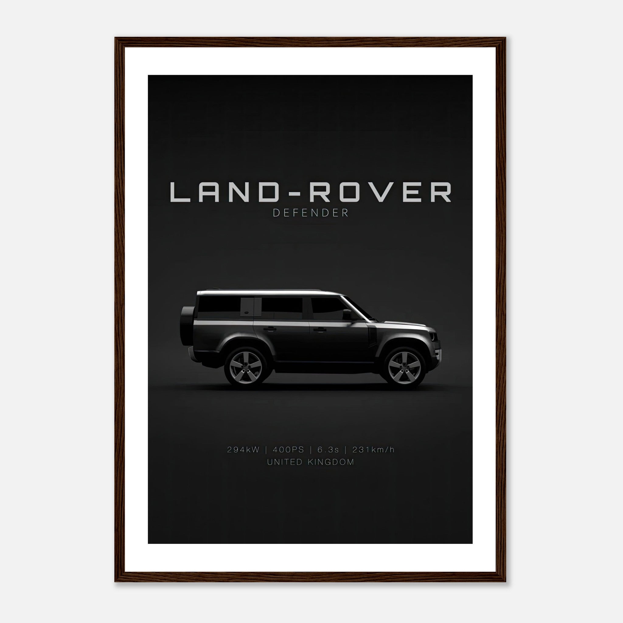 Framed print of a Land Rover Defender with minimalist design and specifications on a dark background.