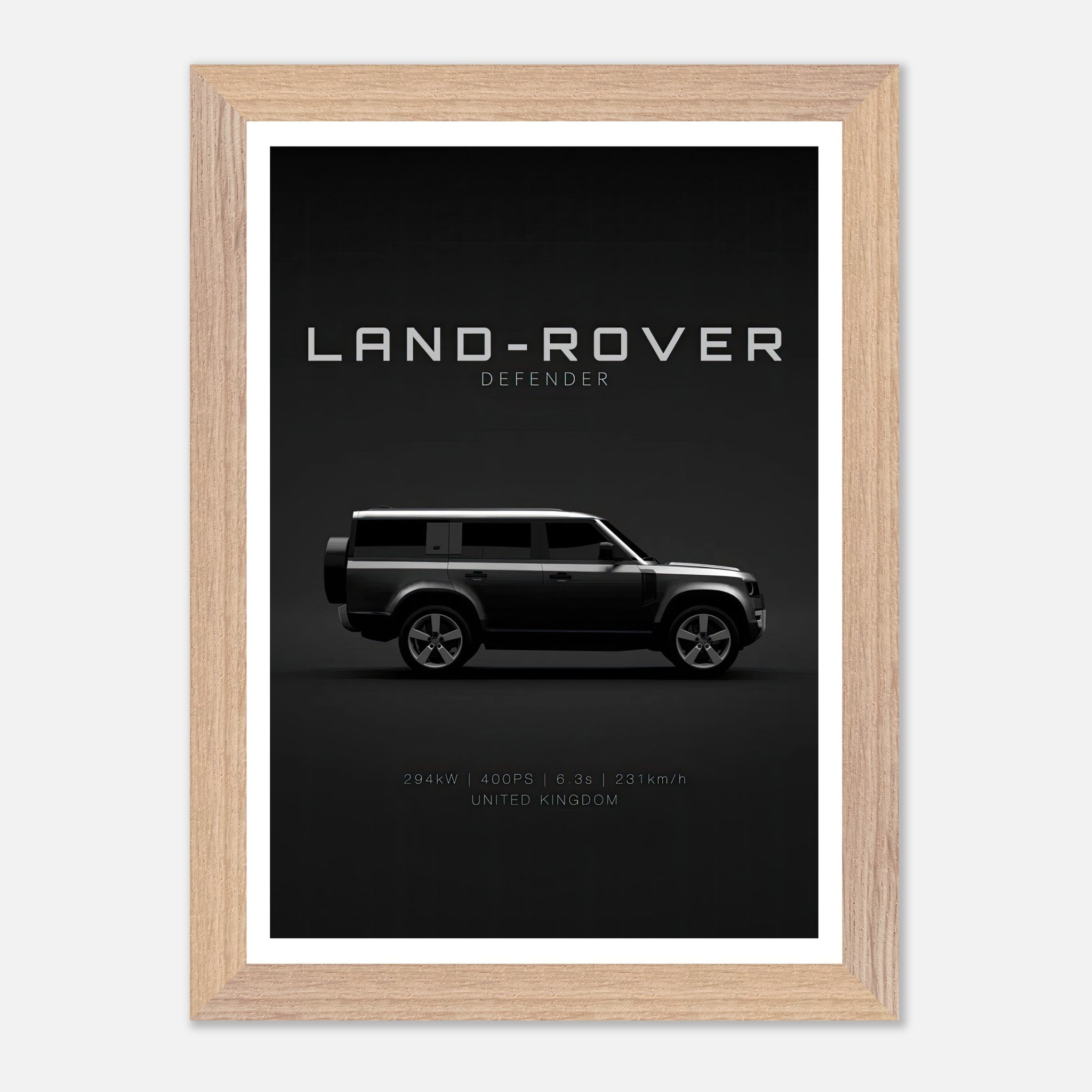 Land Rover Defender vintage framed art print showcasing its iconic silhouette on a dramatic black background.