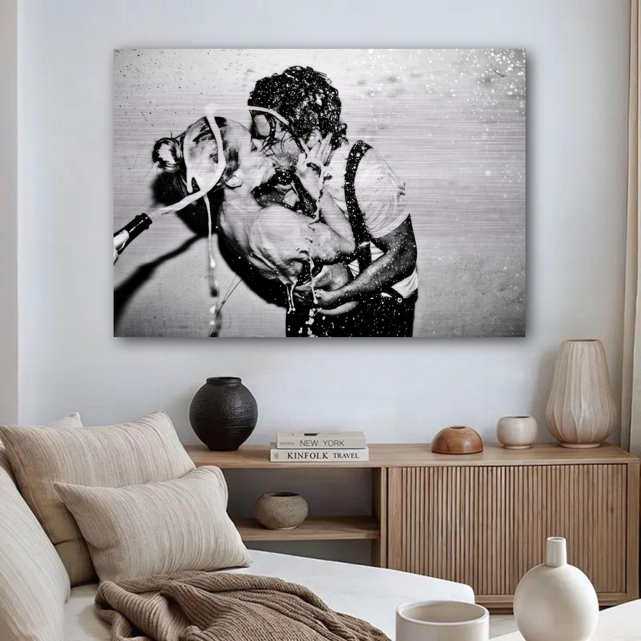 Brushed metal print of Johnny Depp and Kate Moss in a passionate embrace, adding elegance to any decor.