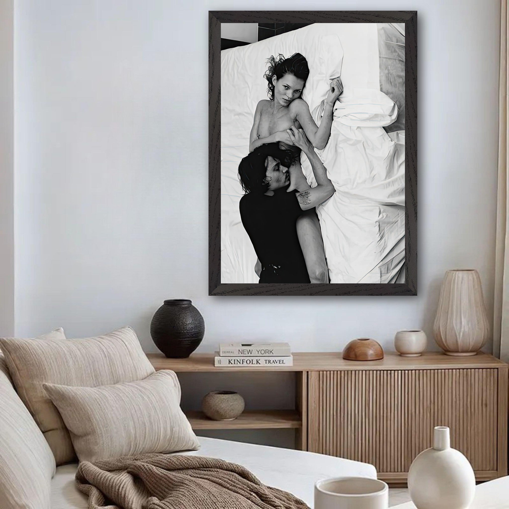 Vintage framed print of Kate Moss and Johnny Depp captured in black-and-white by Annie Leibovitz, 1994.