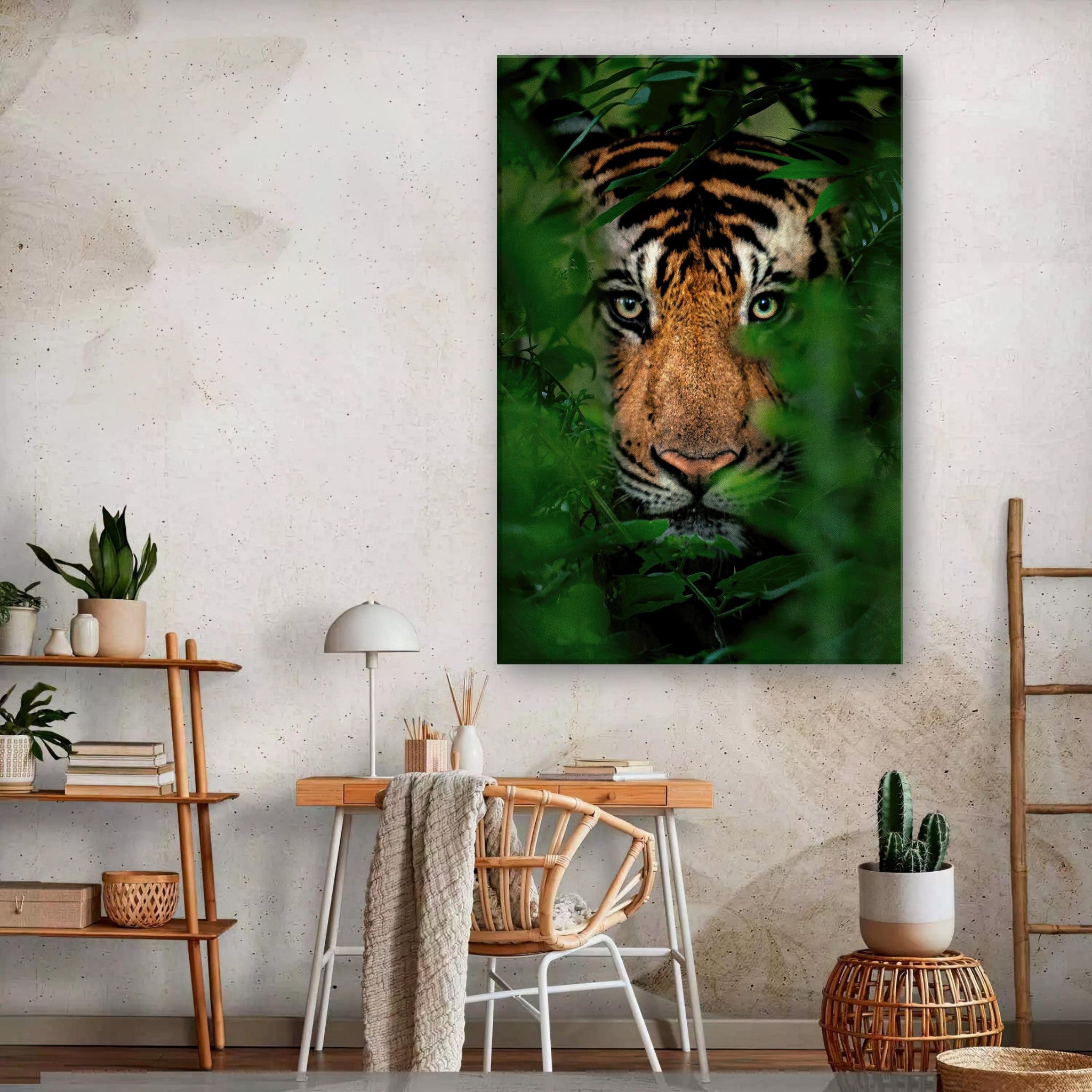 Stunning tiger peering through green foliage on canvas, perfect for enhancing any living space with wild elegance.