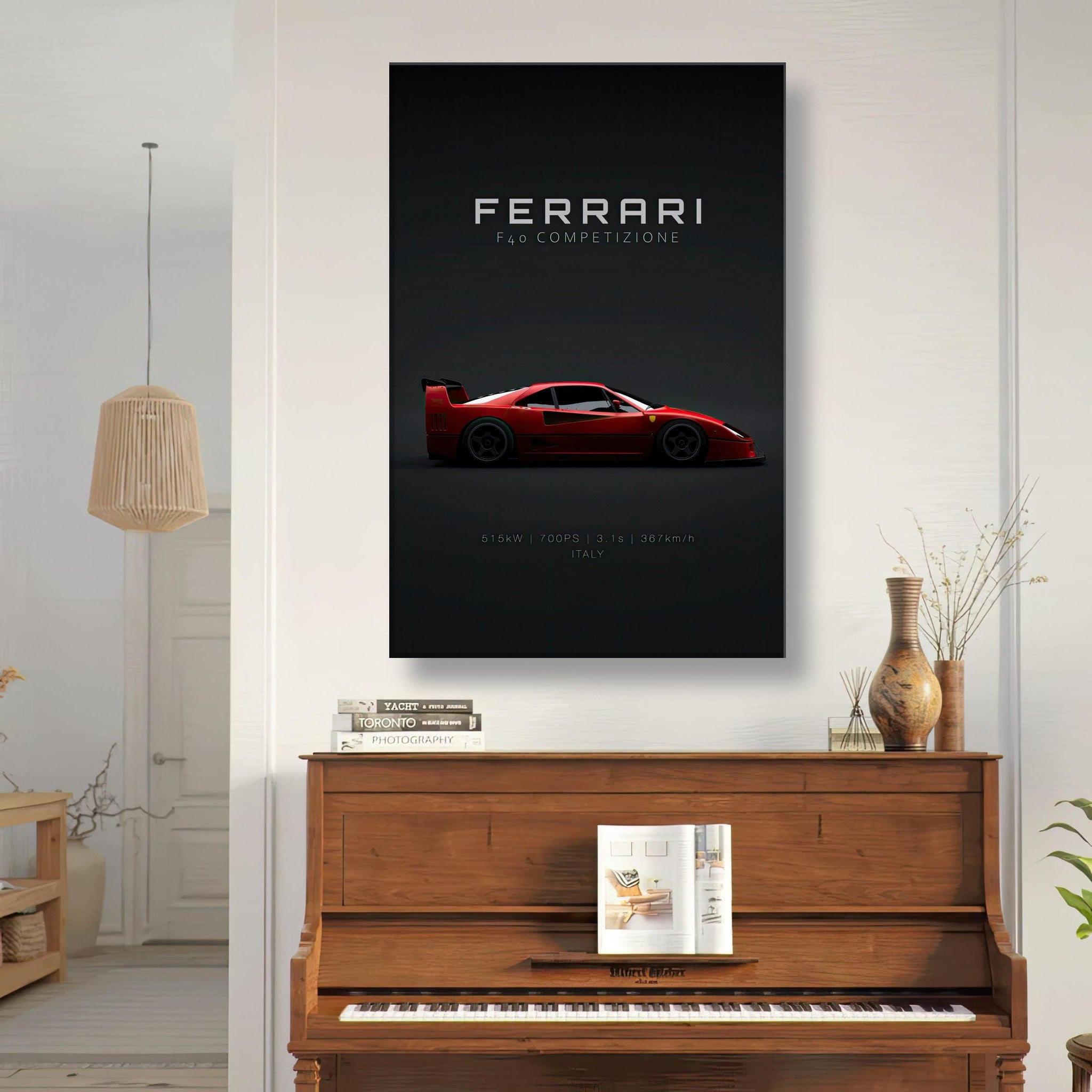 Ferrari F40 Competizione canvas art featuring a sleek red supercar on a minimalist black background.