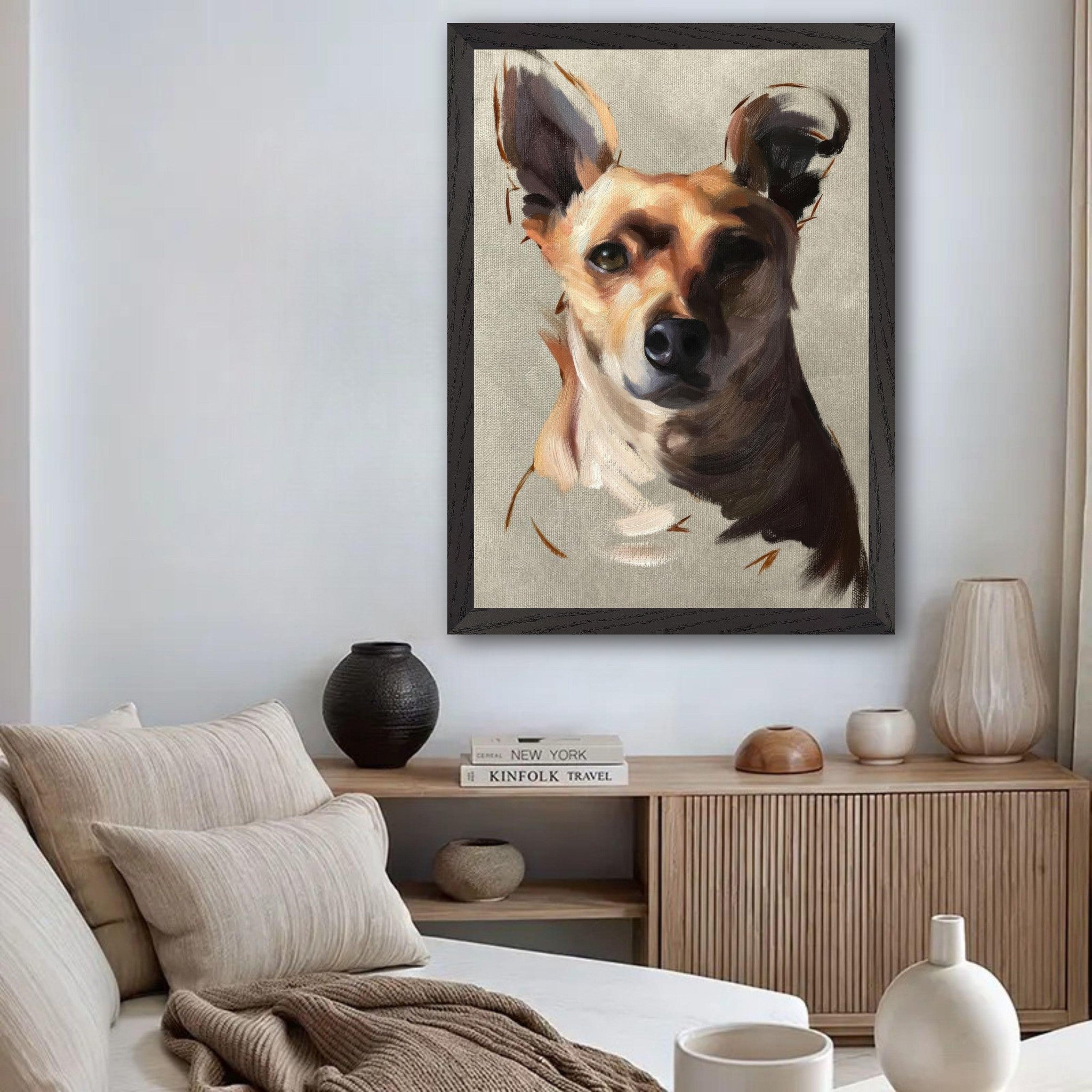 Chihuahua dog painting in vintage frame displayed in a modern living room setting with stylish decor.