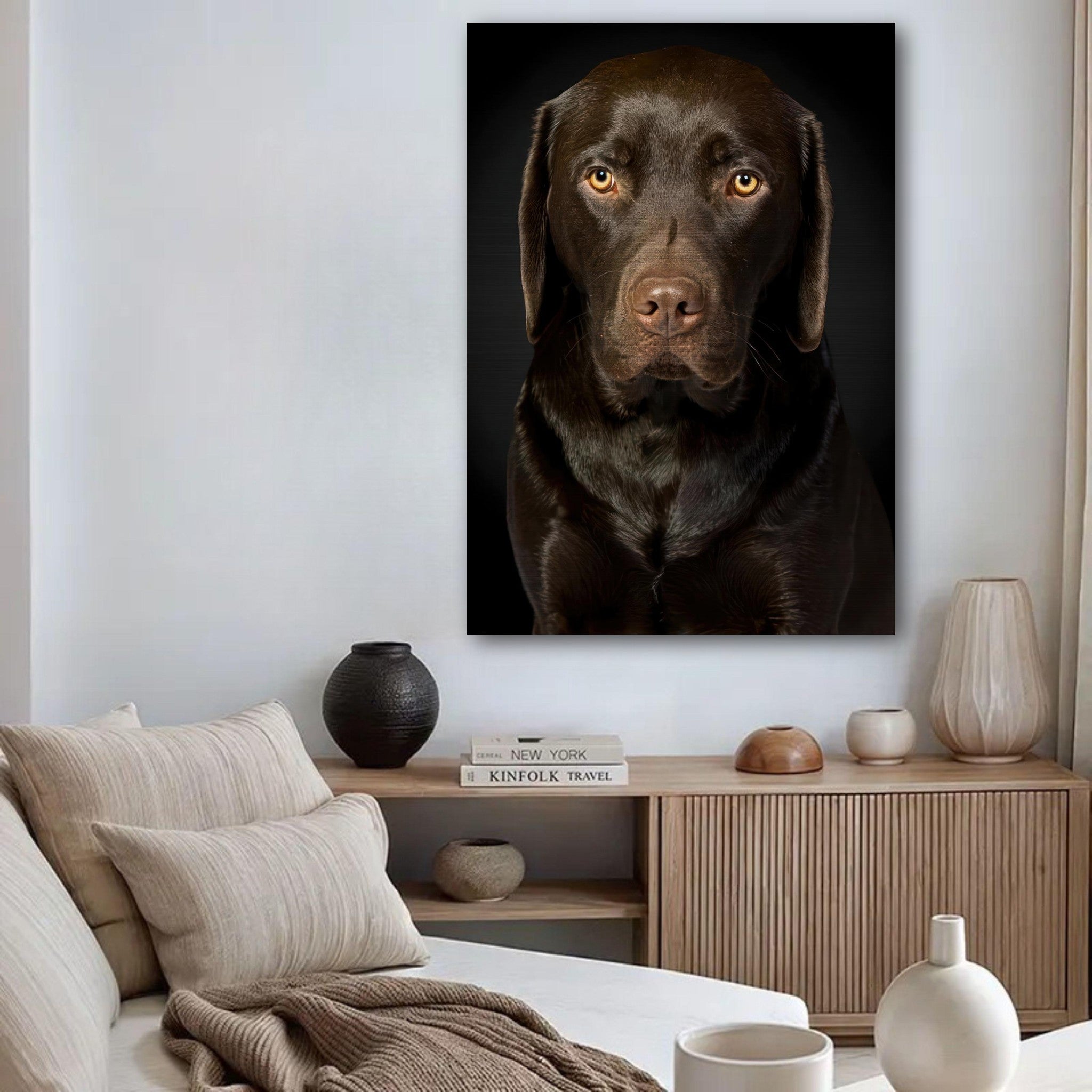 Chocolate Labrador portrait on brushed metal displayed in modern living room decor.