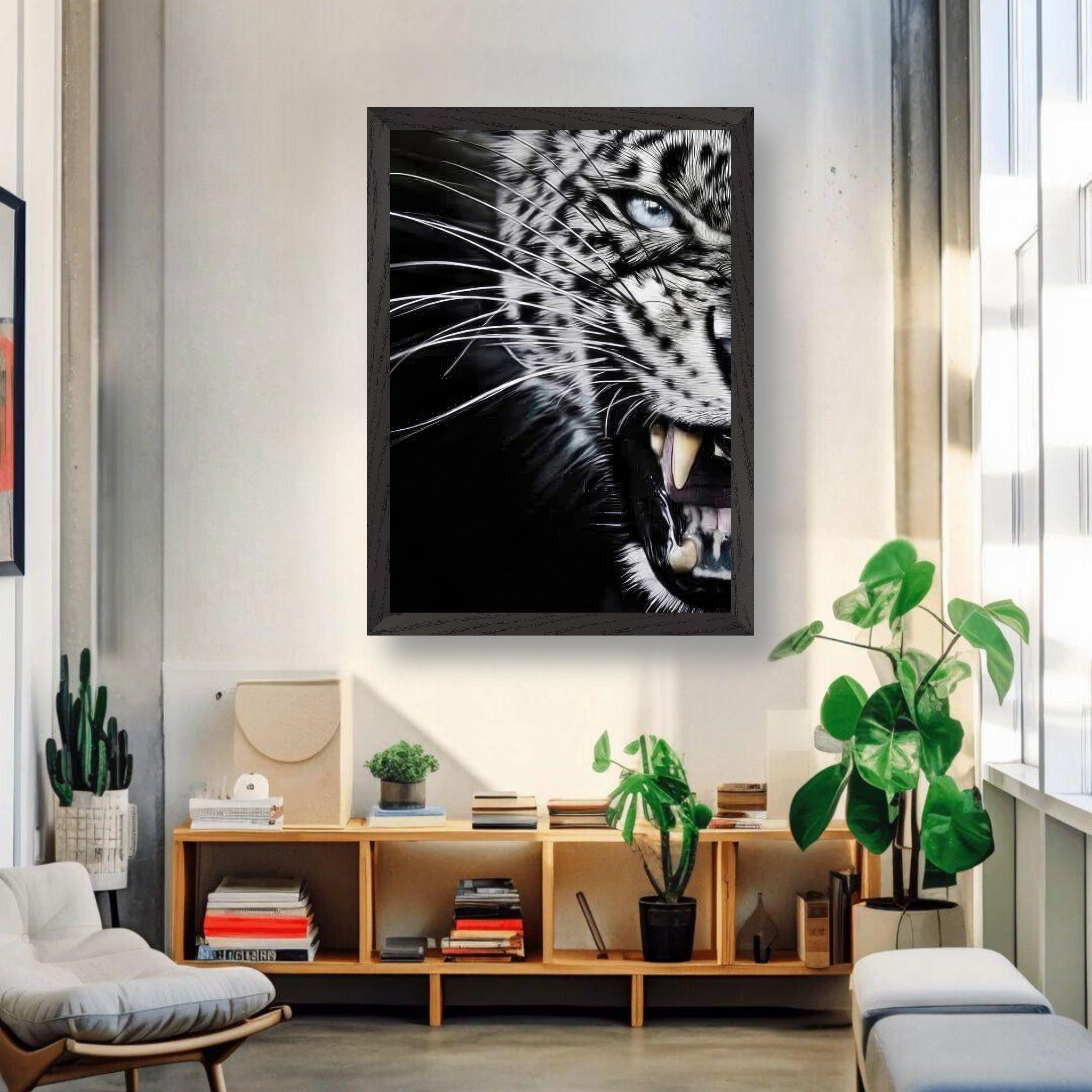 Leopard close-up portrait vintage framed print capturing intense beauty and detail in a stylish living room.