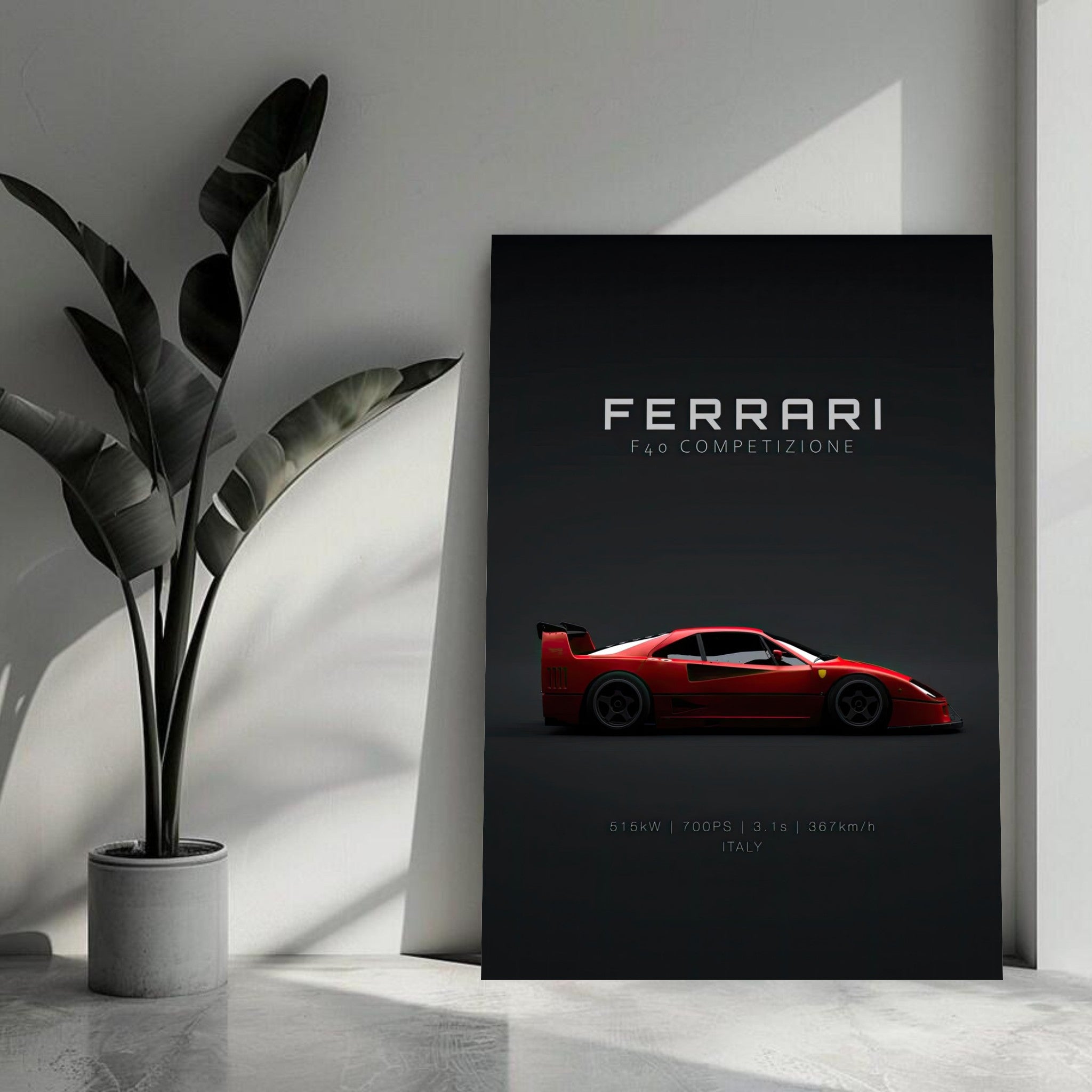 Ferrari F40 Competizione metal print showcasing sleek red design, minimalist style, perfect for automotive enthusiasts.