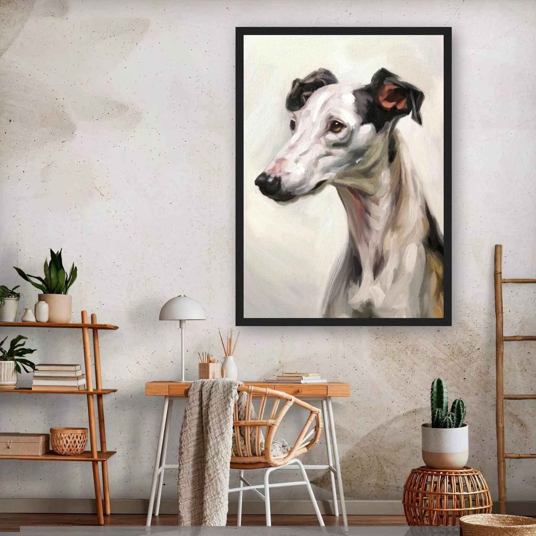Framed print of a Greyhound dog painting, showcasing a sleek and elegant profile in a stylish room.