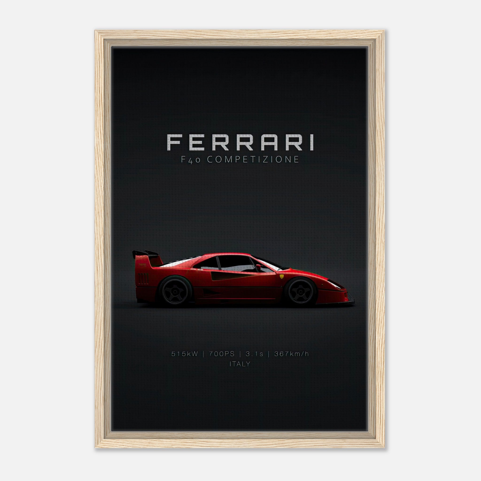 Ferrari F40 Competizione framed canvas artwork showcasing sleek red supercar on minimalist black background.
