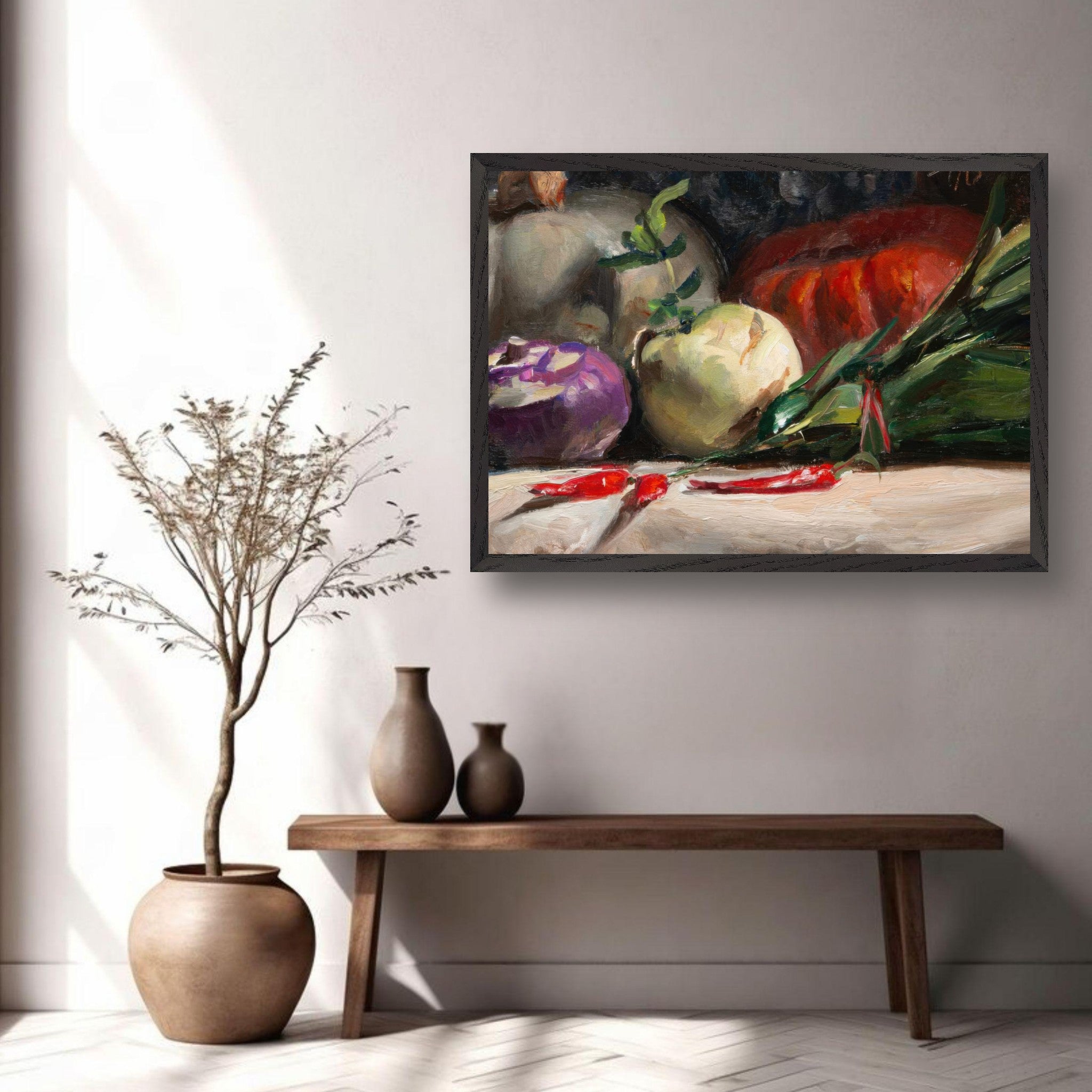 Museum quality oil painting of kohlrabi, pumpkins, and chilis, perfect for kitchen decor.