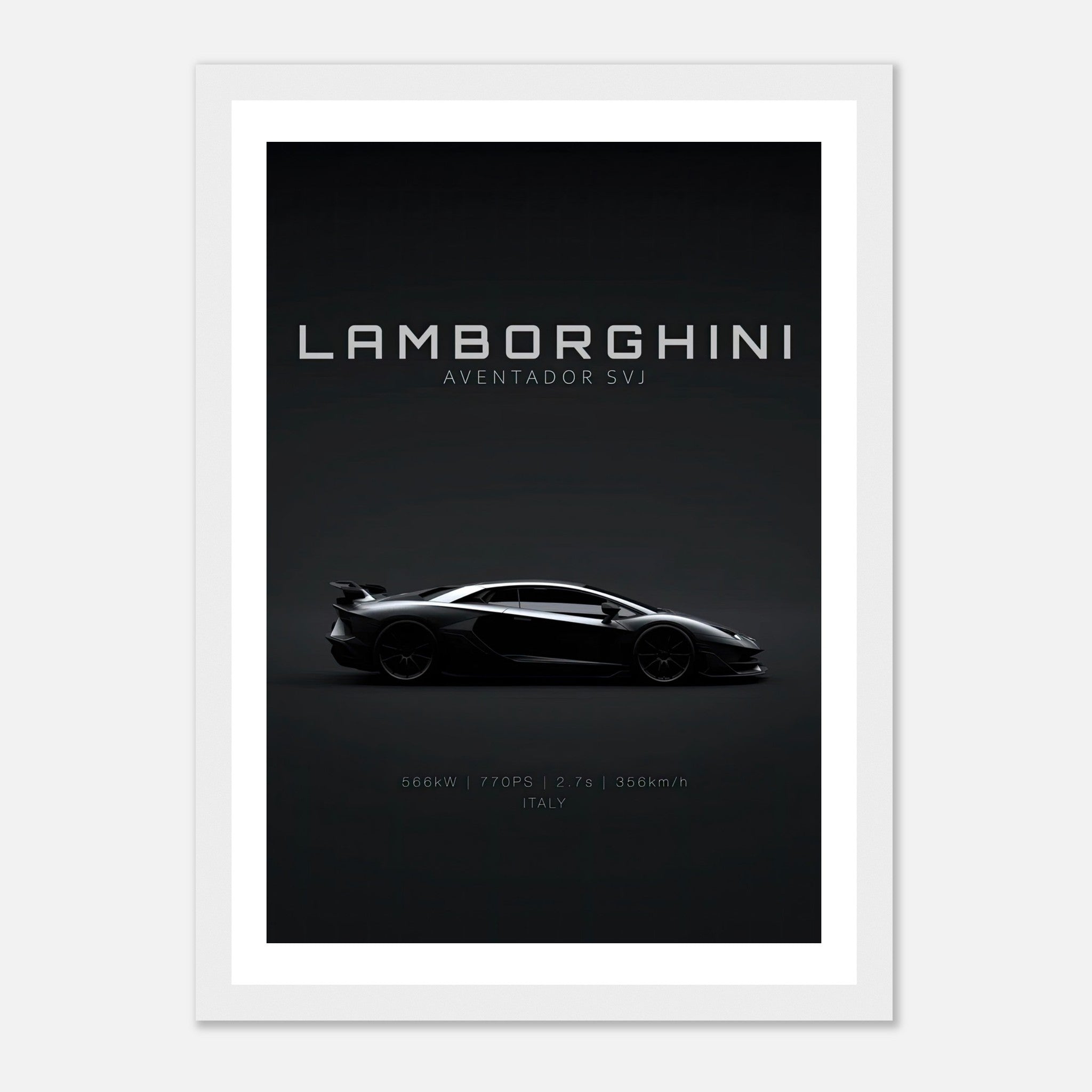 Lamborghini Aventador SVJ framed poster showcasing sleek design and performance specifications.