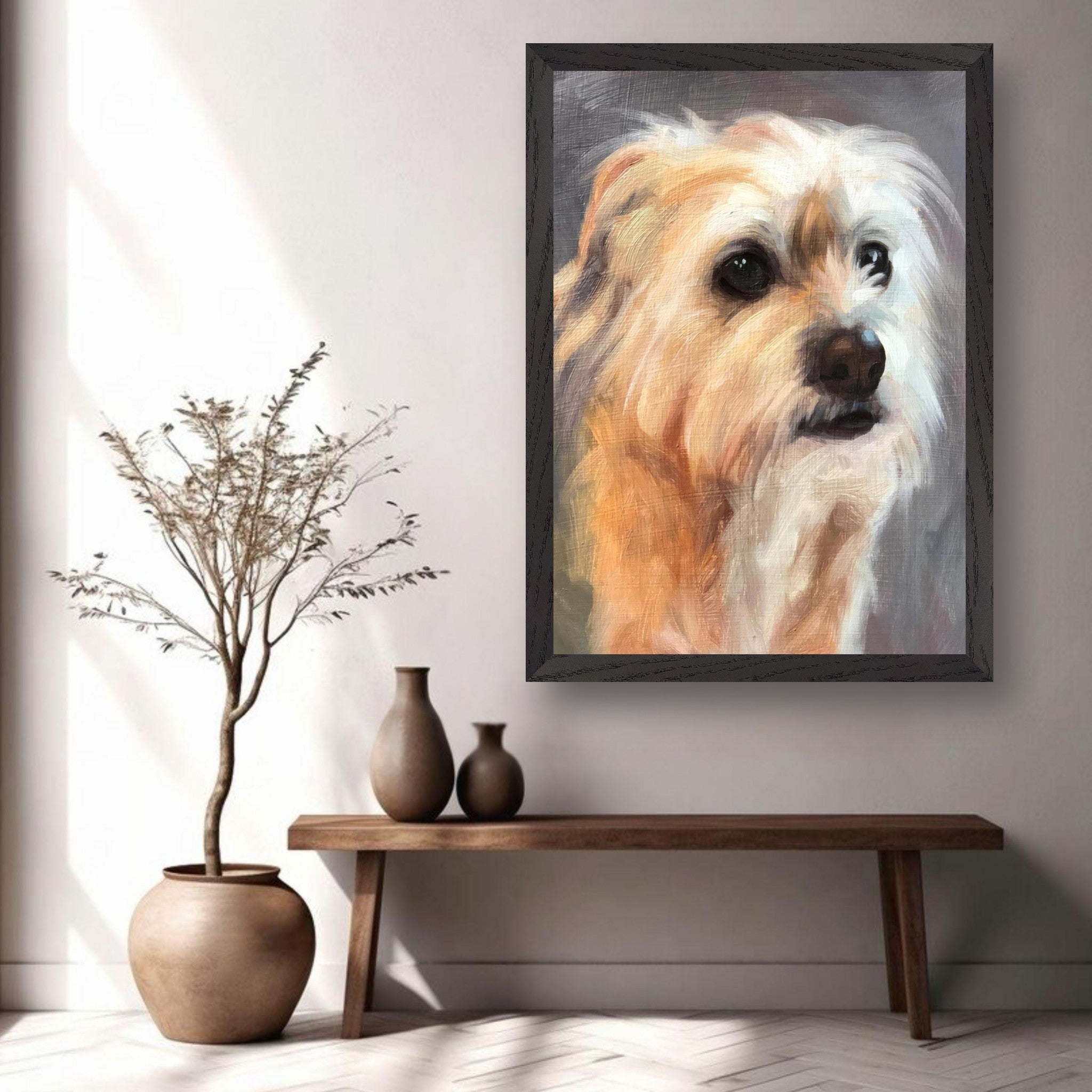 Terrier dog painting vintage framed print displayed in a stylish interior setting with aesthetic decor.