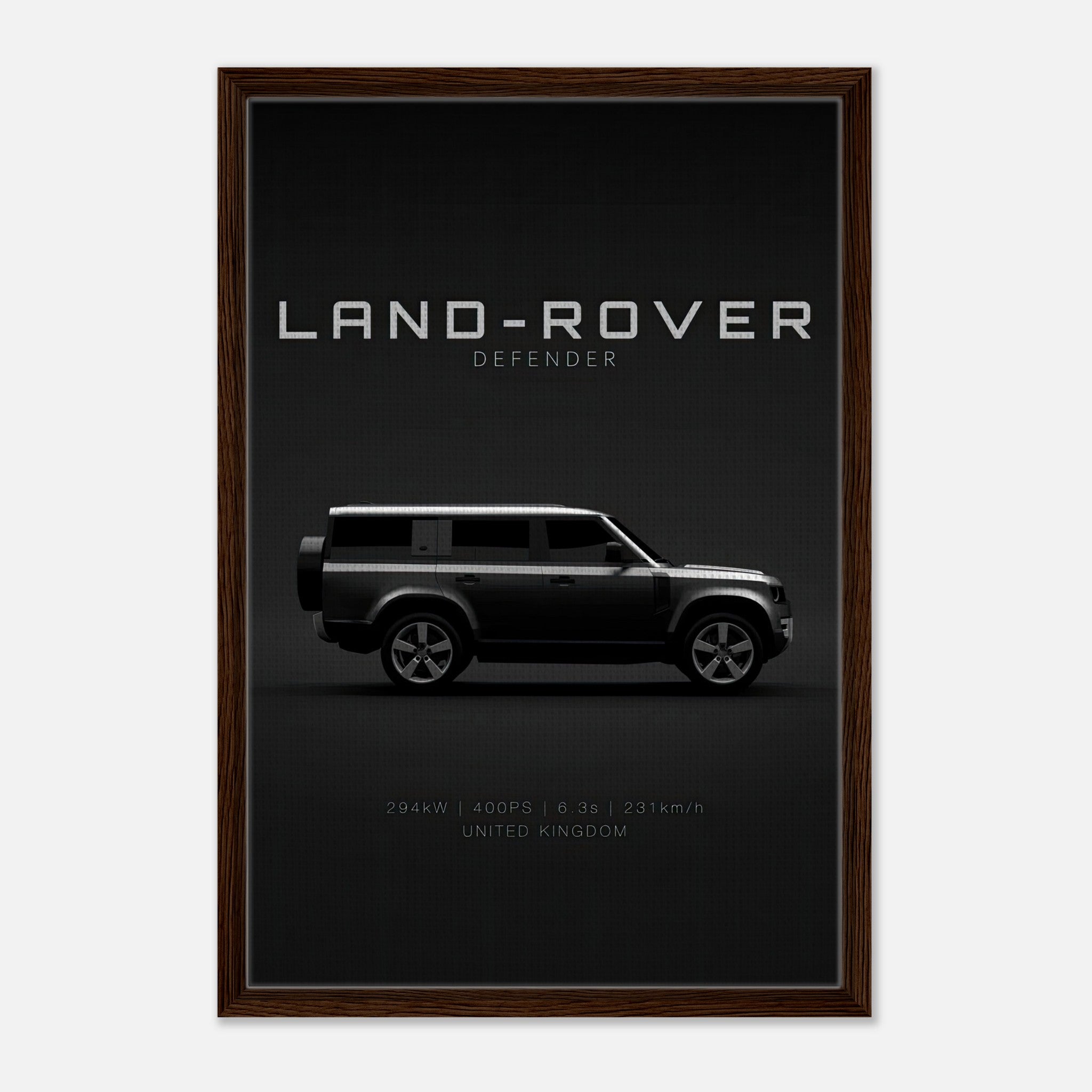 Land Rover Defender framed canvas print featuring sleek side profile on bold black background.