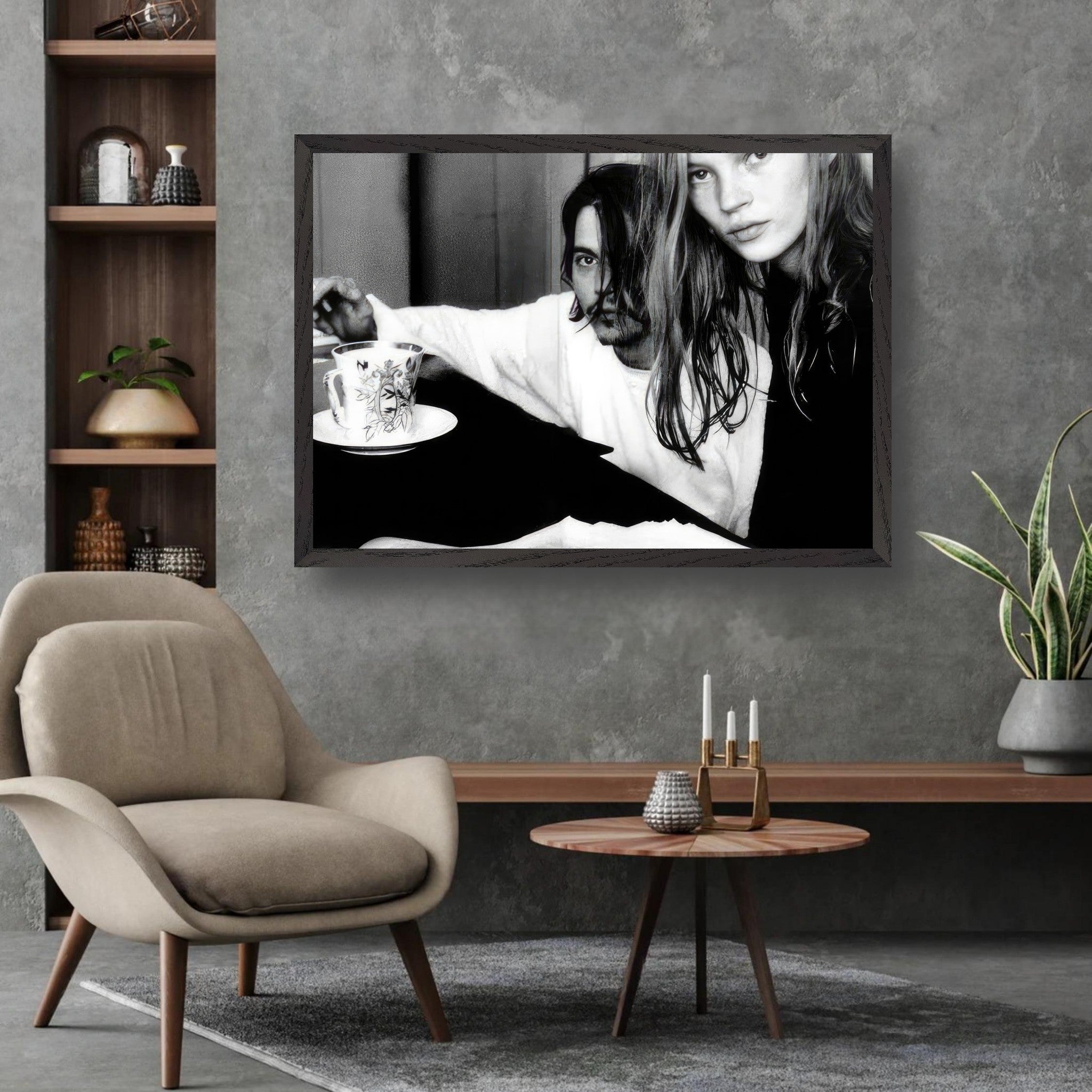 Black-and-white fine art print of Johnny Depp and Kate Moss, showcasing 90s romance and rebellion, framed in a modern setting.