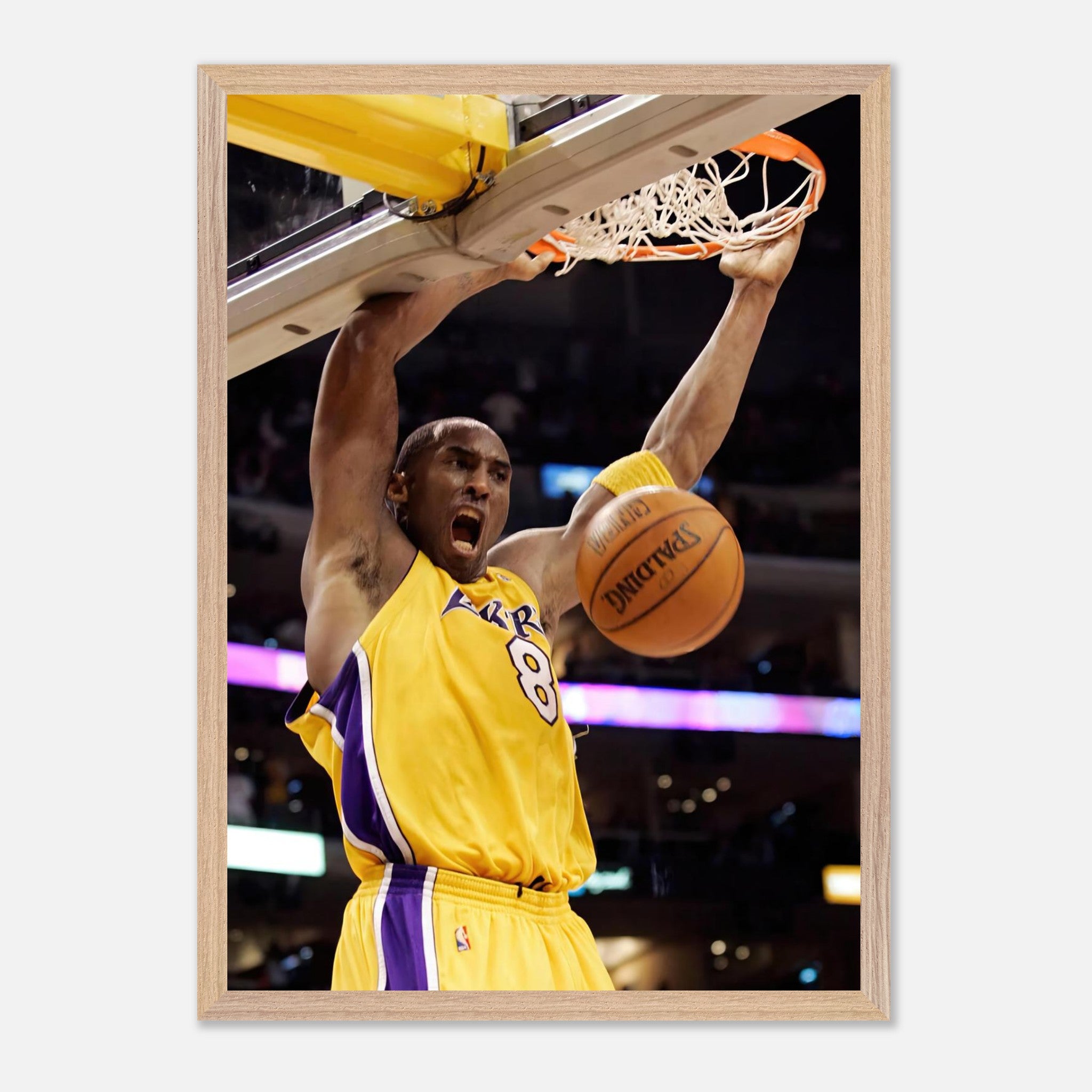 Kobe Bryant's iconic slam dunk in Lakers uniform, fine art Giclée print showcasing basketball legend's power.