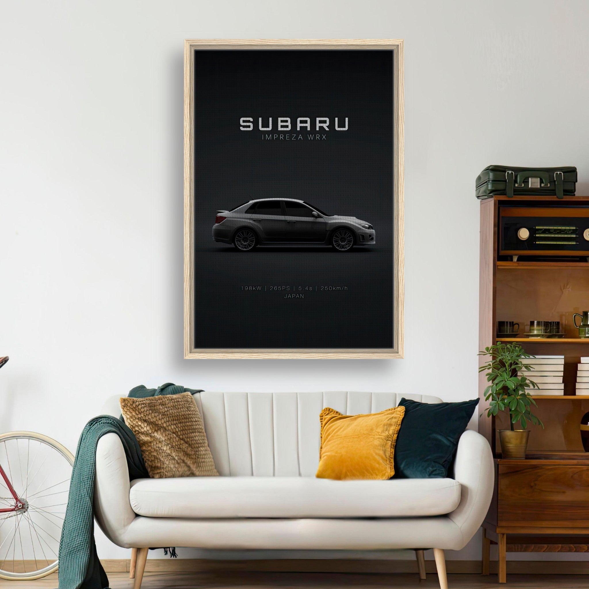 Subaru WRX framed canvas art displaying a sleek profile view on a stylish wall