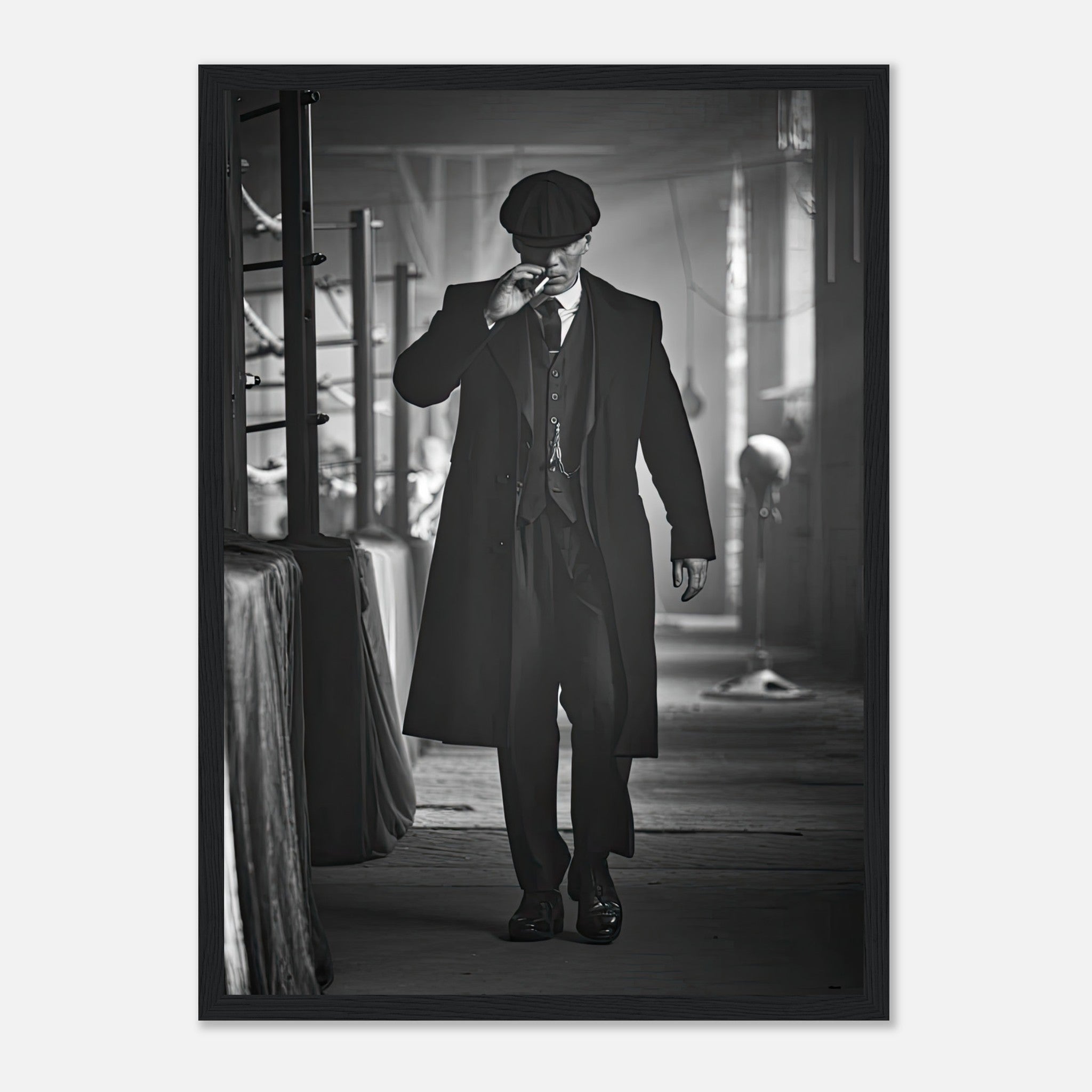 Tommy Shelby from Peaky Blinders in a stylish black-and-white framed print, showcasing his iconic attire and confident stance.