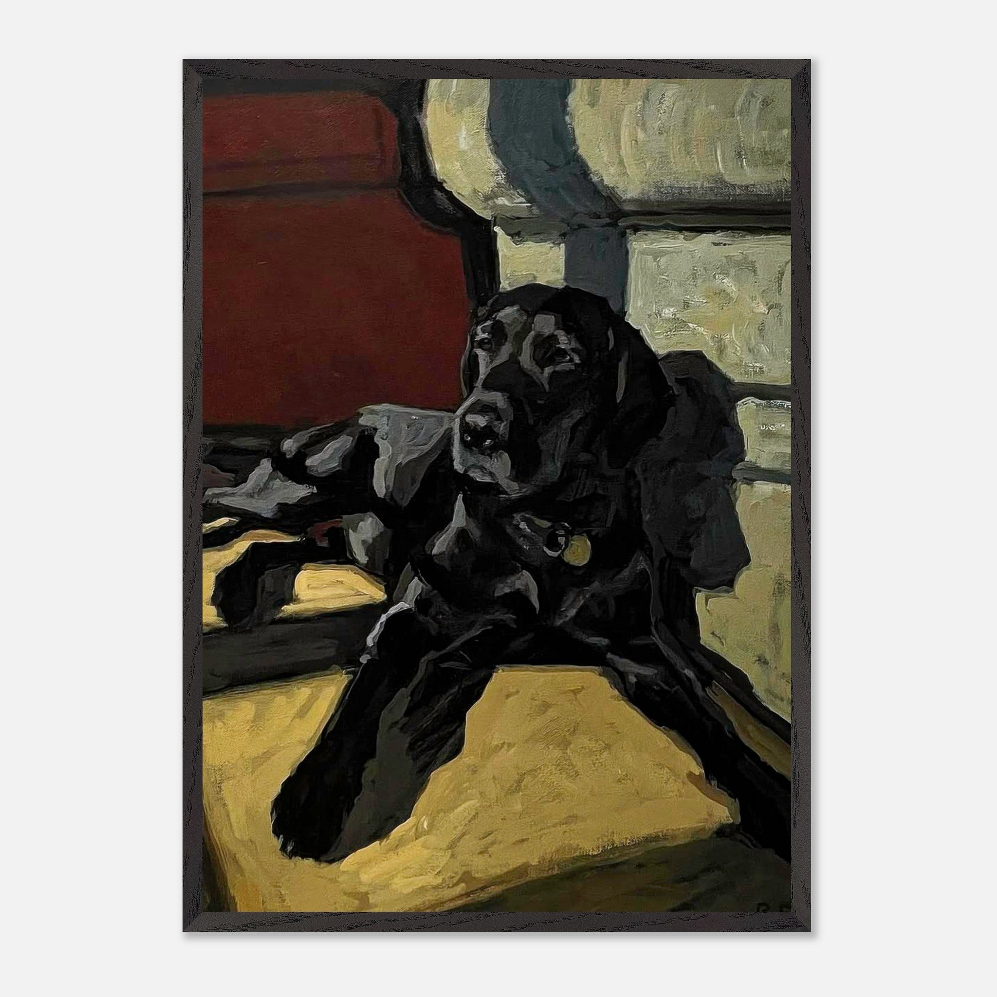 Black Labrador dog painting in vintage frame, showcasing a loyal dog basking in warm light.