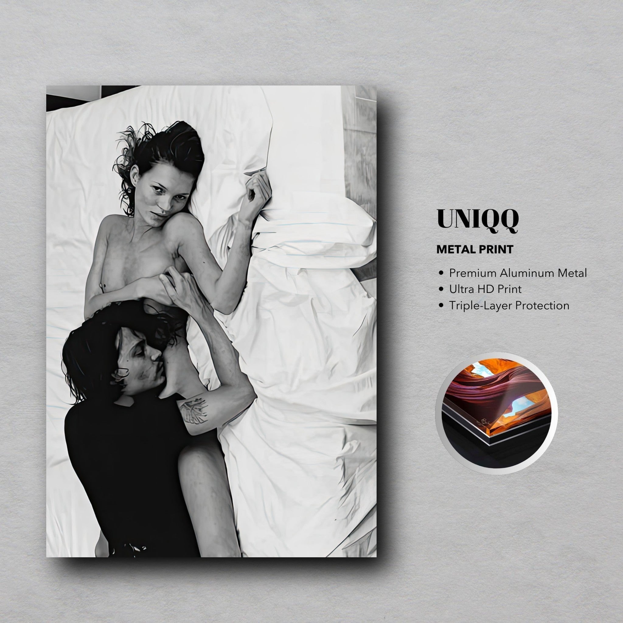 Kate Moss and Johnny Depp metal print, 1994 iconic photography, premium aluminum, ultra HD, 90s romance decor.