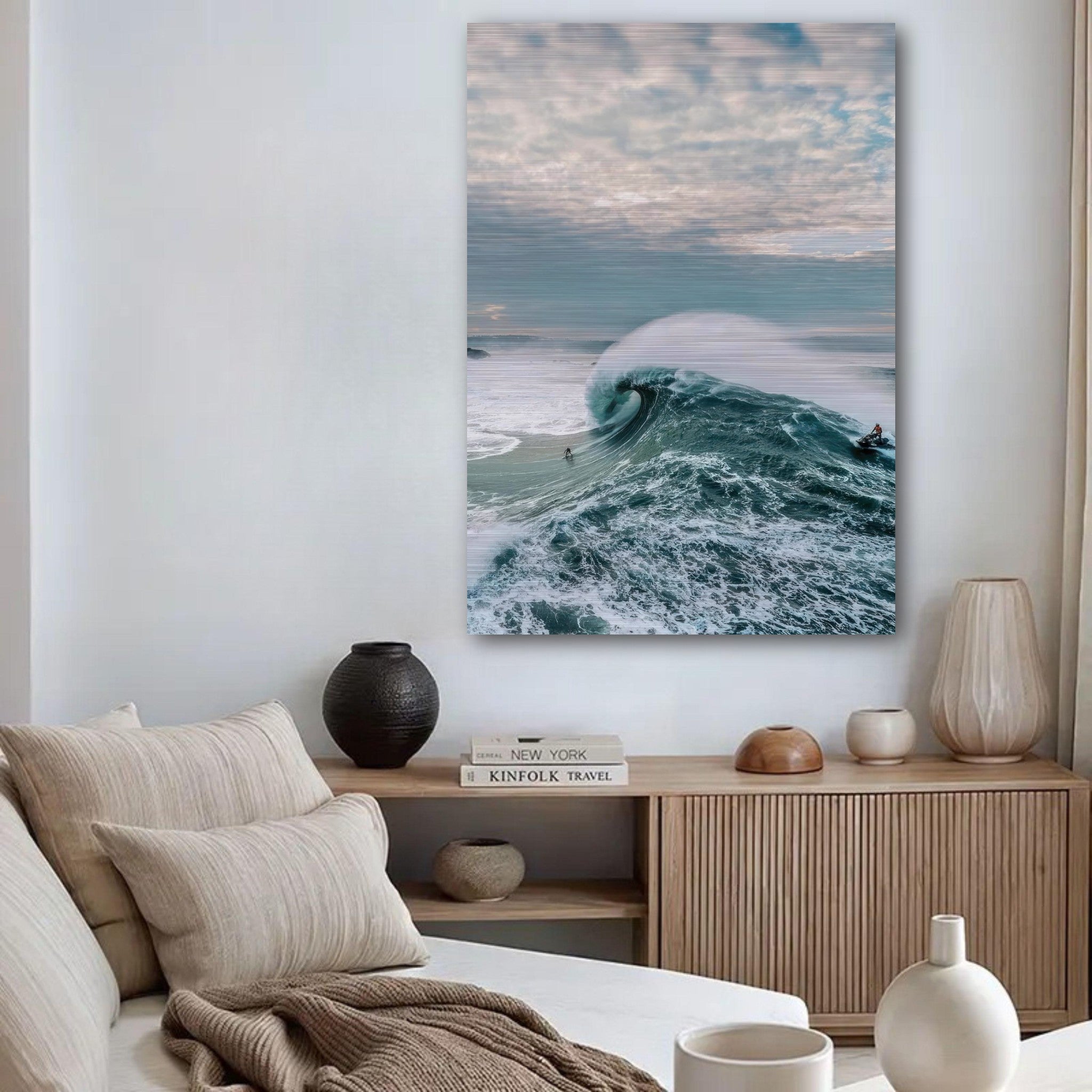 Big Wave Surfing Brushed Metal Print, surfer riding a massive wave, ocean art for home decor.