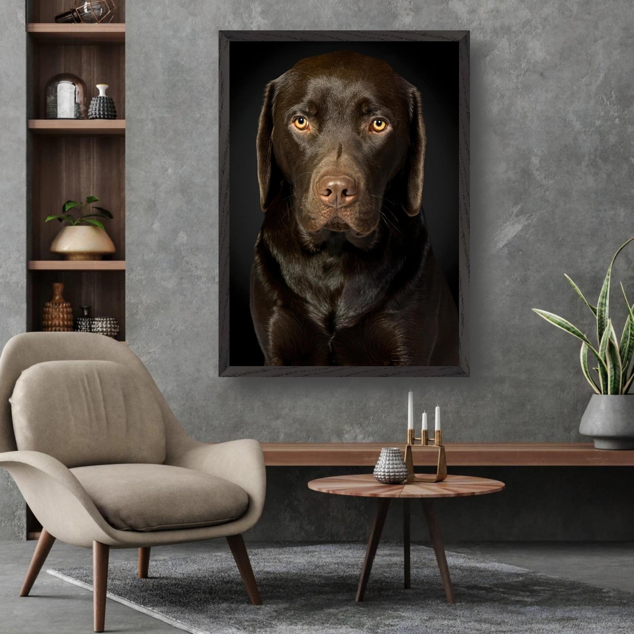 Portrait of a Chocolate Labrador in a stylish interior, highlighting its soulful gaze and fine art quality.